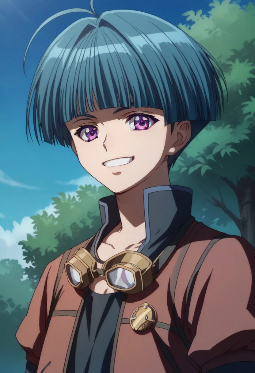 score_9, score_8_up, score_7_up, source_anime, highly detailed, 
elliott, solo, purple eyes, male focus, blue hair, goggles, goggles around neck, 1boy, bangs, smile,
ahoge, upper body, blunt bangs, short hair, looking at viewer, grin,
outdoor, sky, tree