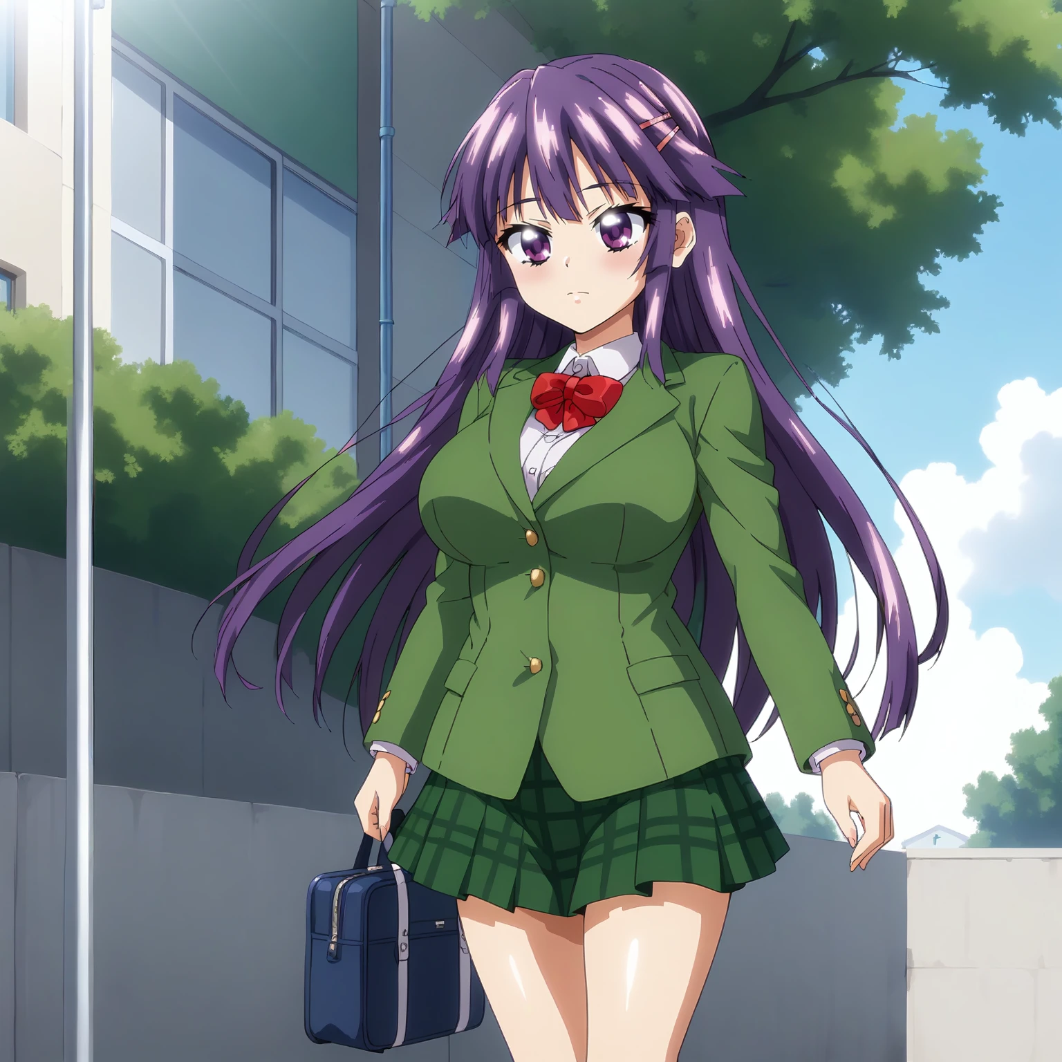 <lora:CcKN_ChizuruShiinaXLpony001>,
solo,
ChizuruShiina,1girl,purple hair,long hair,hairclip,purple eyes,
large breasts,
green jacket,red bowtie,
green skirt,plaid skirt,
outdoors,
standing,