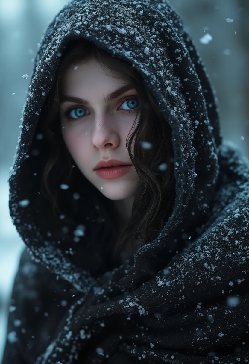 Photorealistic close-up of a alexandra daddario in a dark, snow-dusted cloak, wintry background, with her eyes reflecting the soft light of the snow-covered landscape cinematic lighting, extremely intricate detail character, extremely intricate skin and facial skin texture detail, lifelike potrayal, extremely realistic lighting, extreme dynamic pose. Extremely sharp detail 