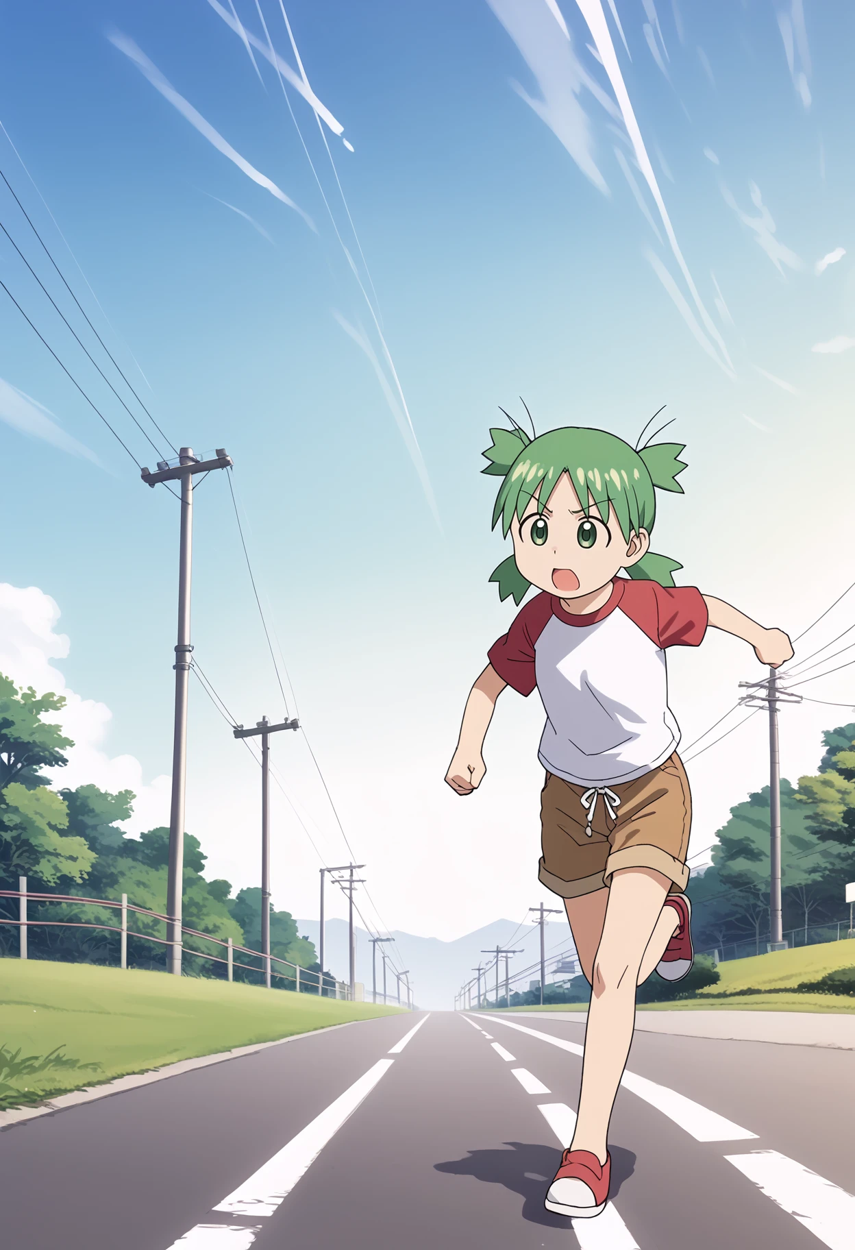 score_9, score_8_up, score_7_up, anime screencap, BREAK
1girl, yotsuba, green eyes, green hair, quad tails, 
red raglan sleeves, brown shorts, 
running, day, lamppost, outdoors, power lines, sky  <lora:YotsubaKoiwaiXL:1>