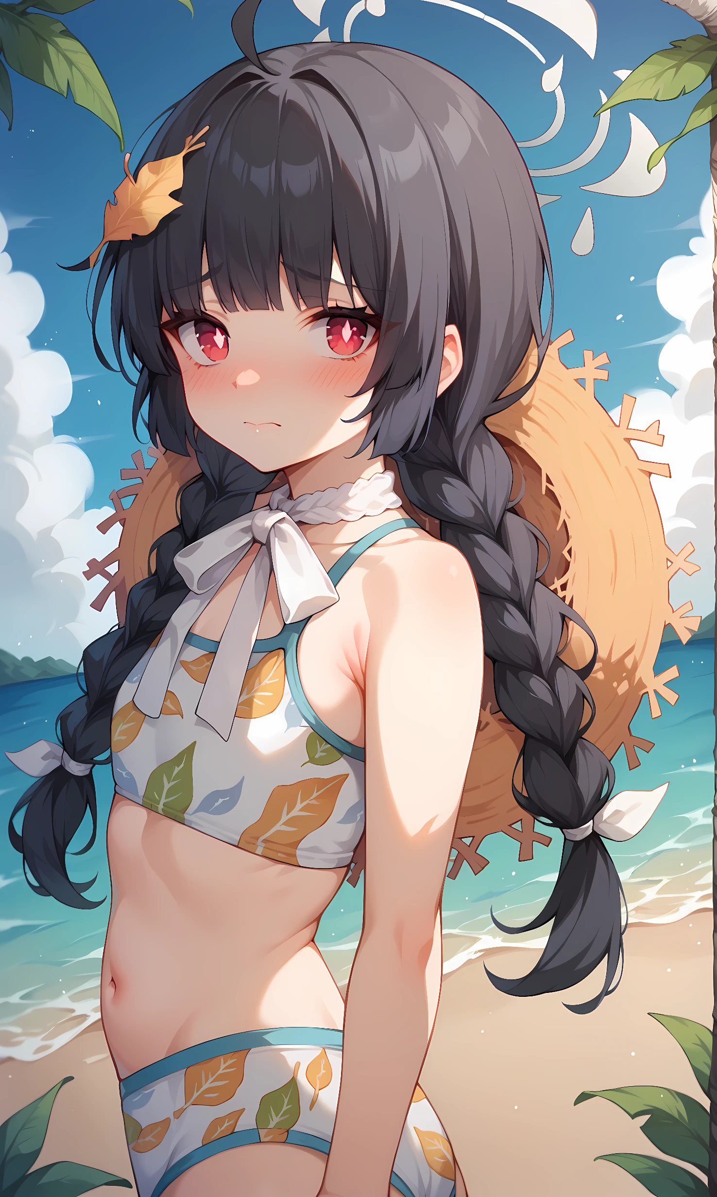 score_9, score_8_up, score_7_up, BREAK source_anime, 1girl, solo, outdoors, beach, cowboy shot, standing, looking at viewer, miyu, red eyes, white pupils, black hair, long braid, twin braids, blunt bangs, ahoge, leafs on head, halo, straw hat around neck, white bikini, leaf print, white ribbon, neck ribbon, closed mouth, nose blush, from side 