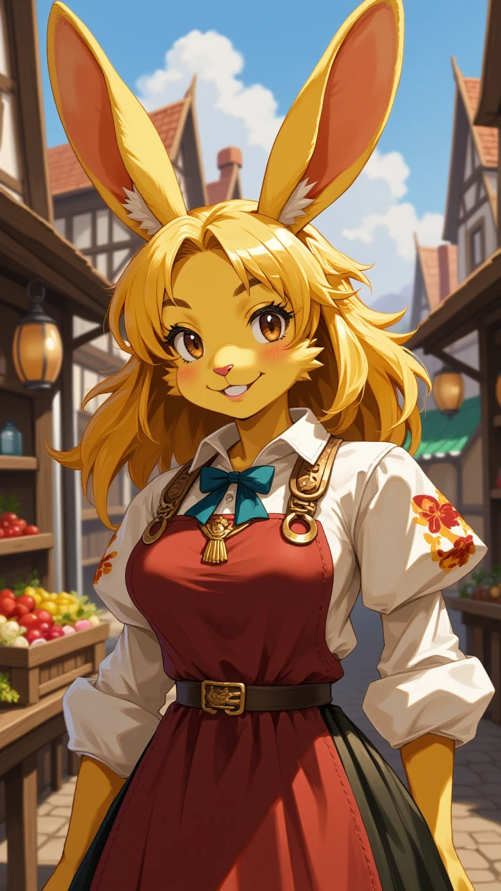 (rabbit girl),yellow fur, slight smile, happy, (dressed as a shopkeeper),hand on hip, medieval town in the background