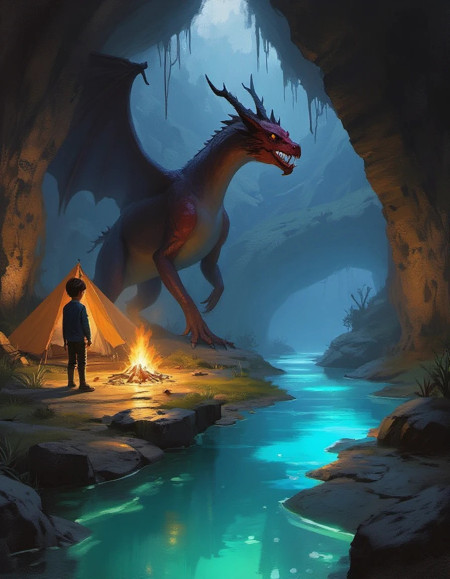 digital painting of a boy and his chimera in a hidden grotto with tent and campfire near a luminous grotto pool