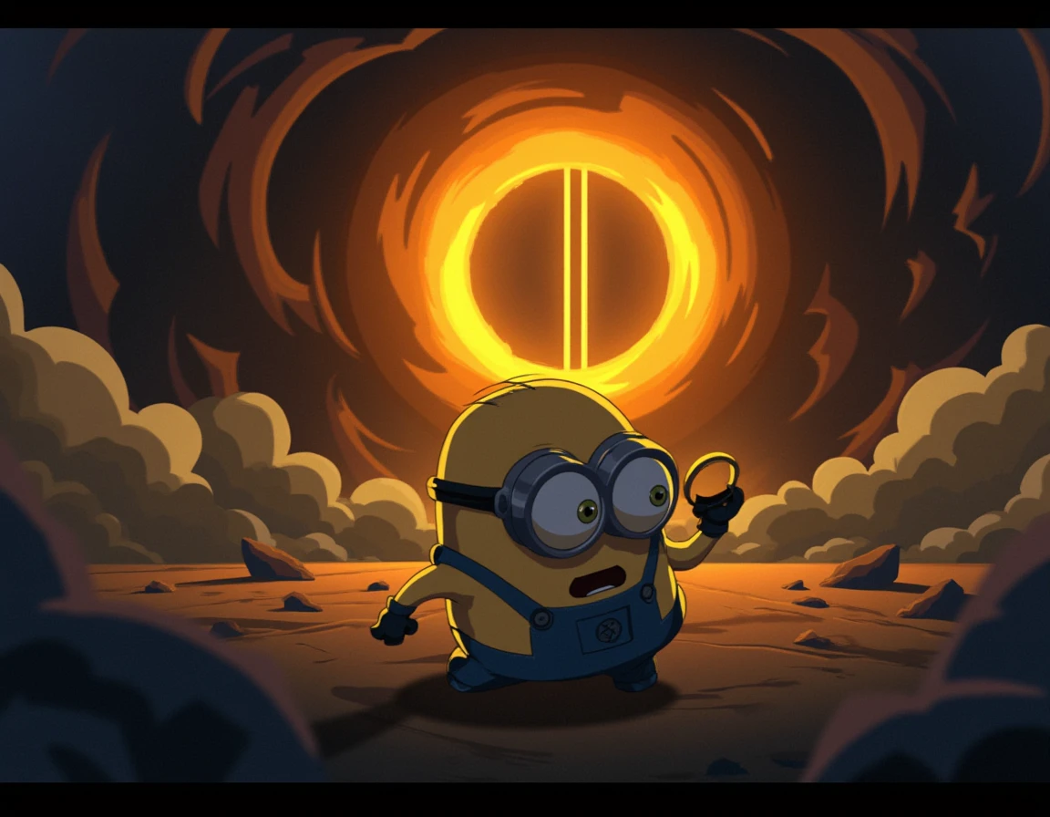 <lora:v15_zzz_comix2_000005750:1> zzzgamecomix style, a Minion from Despicable Me, holding the One Ring in one hand and running in panic through a dramatic, dark landscape. The Minion's expression should show sheer terror as it flees. Behind the Minion, depict a large, fiery eye with a vertical slit pupil, surrounded by swirling dark clouds and emitting an intense, menacing glow. The atmosphere should be foreboding, with hints of ash and shadowy figures in the background. Ensure the landscape enhances the sense of urgency and dangerâââ