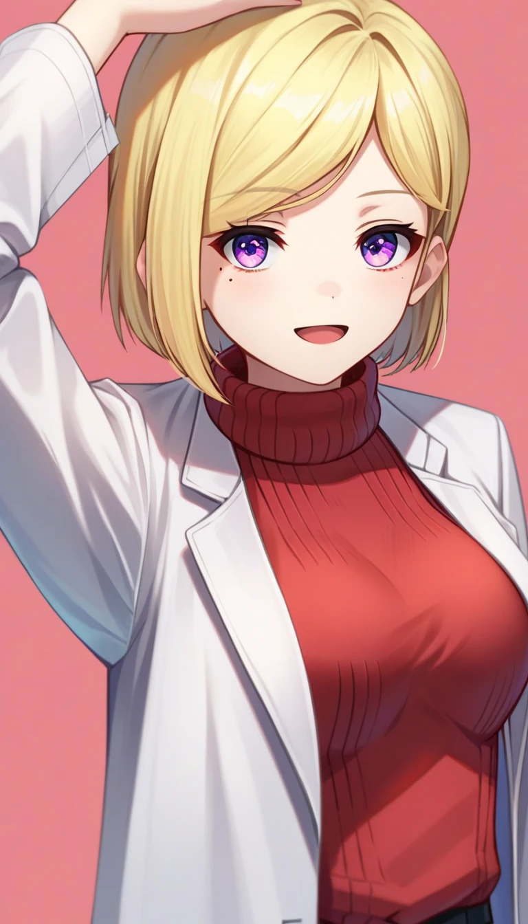 embedding:zPDXL2 ,source_anime,rating safe,looking at viewer,Yukari, 1girl, solo, lab coat, purple eyes, smile, sweater, mole, mole under eye, open mouth, long sleeves, open clothes, white coat, upper body, :d,red sweater, looking at viewer, turtleneck sweater, turtleneck, blonde hair, jacket, short hair, open jacket, cropped torso, breasts, arm up, medium breasts,
