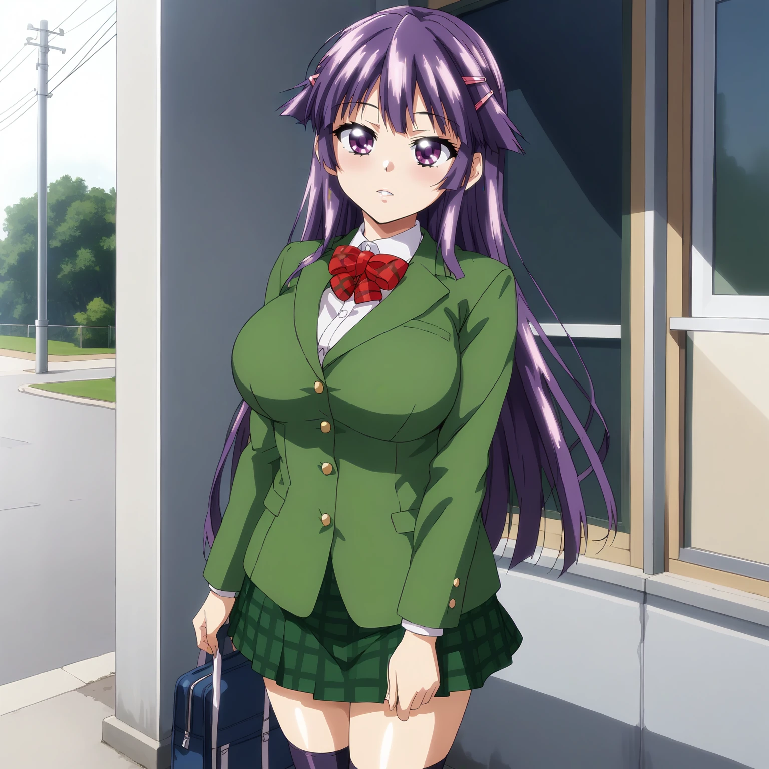 <lora:CcKN_ChizuruShiinaXLpony001>,
looking at viewer,parted lips,
solo,
ChizuruShiina,1girl,purple hair,long hair,hairclip,purple eyes,
large breasts,
green jacket,red bowtie,
green skirt,plaid skirt,
socks,
outdoors,
standing,