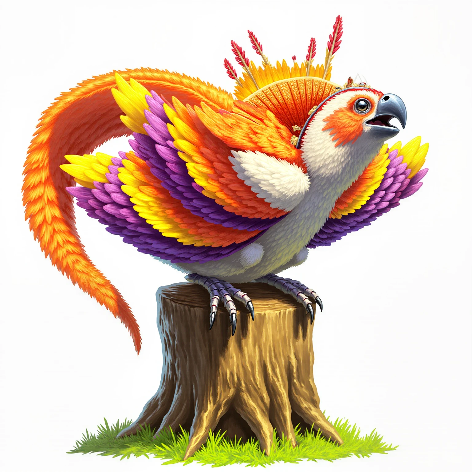 <lora:BunsMtG-B-000018:1.4> A vivid and colorful illustration of a fantastical bird perched on a tree stump. The bird is adorned with a large, ornate headdress made of feathers in hues of orange, yellow, and purple, with intricate patterns and designs. Its wings are spread wide, showcasing a myriad of colors