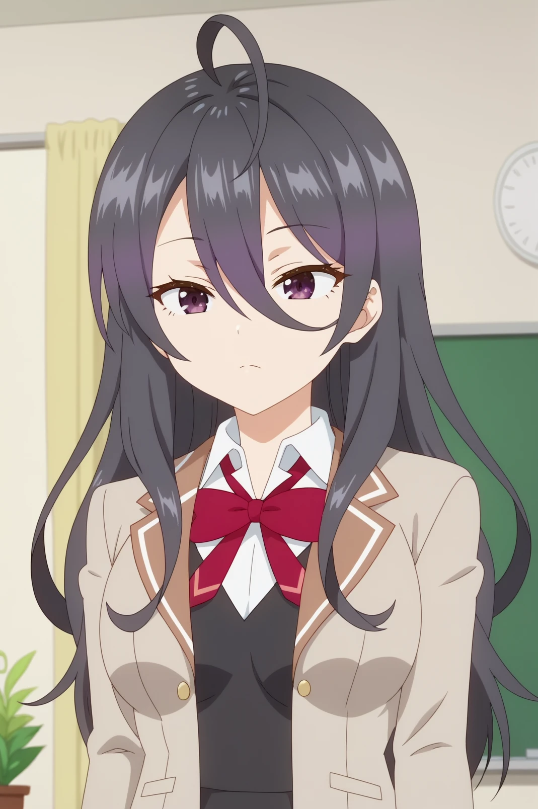 ayano kimishima,anime screencap,solo,mature,1girl,purple eyes,long hair,shirt,school uniform,jacket,solo,bow,ahoge,hair between eyes,indoors, classroom,plant, consistent background,standing <lora:Ayano_Kimishima - PDXL2.safetensors:0.8>