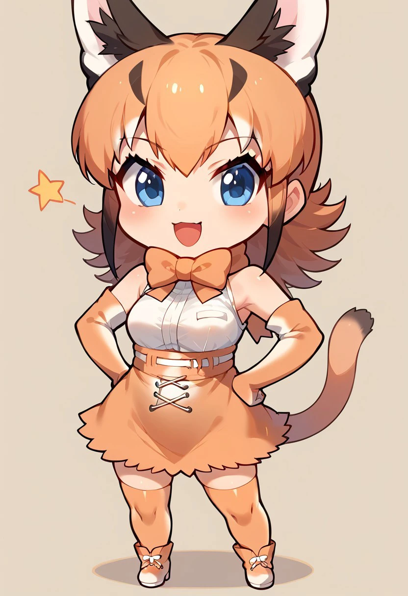 1girl, ((solo)), best quality, ultra-detailed, extremely detailed, perfect anatomy, masterpiece, score_9, score_8_up, score_7_up, caracal (kemono friends), animal ears, animal ear fluff, orange hair, tail, blue eyes, long hair, multicolored hair, white shirt, sleeveless shirt, orange skirt, skirt, orange bowtie, elbow gloves, bare shoulders, thighhighs, shoes, standing, hands on hips, open mouth smile, cute look, confident look, looking at viewer, happy, posing, simple background, (Chibi:1.3),