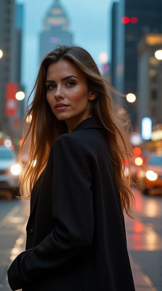 A captivating woman stands in the heart of the city, exuding elegance and confidence. Her long, flowing hair catches the city lights as they reflect off the glass buildings around her. She wears a chic, modern outfit that perfectly complements her figure, making her stand out amidst the urban backdrop. Her eyes meet the viewer’s gaze with a warm, inviting expression, and a subtle smile plays on her lips. The bustling cityscape, with its vibrant lights and towering structures, contrasts beautifully with her calm and poised demeanor, creating a stunning visual of grace in the midst of urban energy