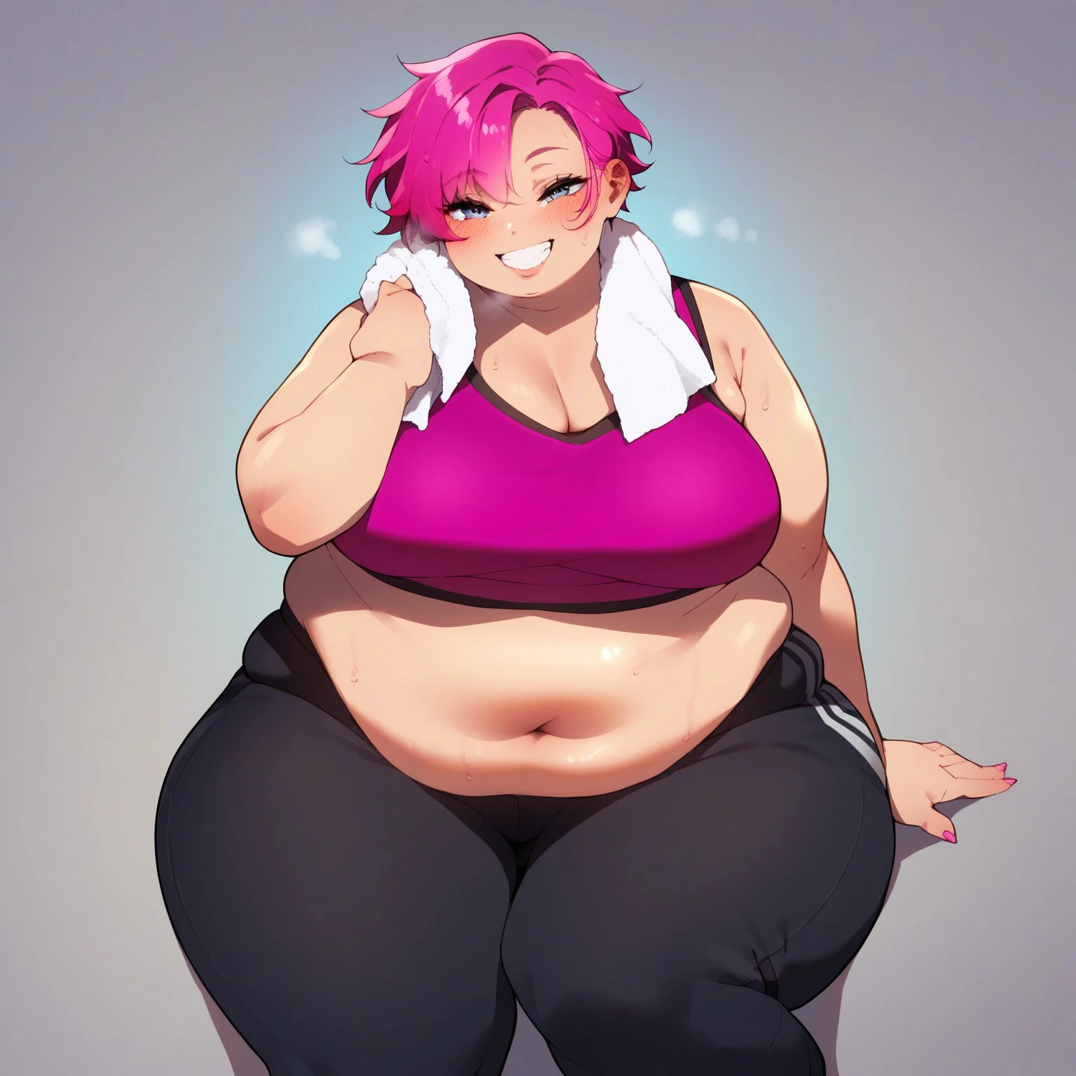 safe_pos, score_9, score_8_up, score_7_up, score_6_up, score_5_up, score_4_up, squarewave, 1girl. bbw, pink hair, short hair, sports bra, gym, grin, long pants, wide hips, towel around neck, thigh strap, 