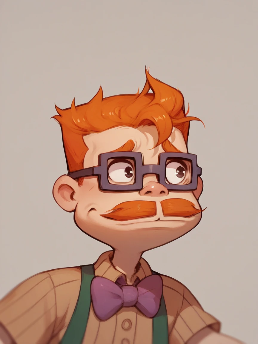 score_9, score_8_up, score_7_up, score_6_up, score_5_up,  <lora:chasfinsterXLP:1> chas finster, 1boy, bowtie, glasses, mustache, orange hair,