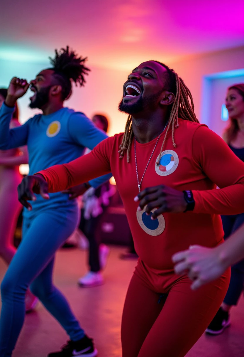 A medium shot of a group of 30-year-old adults cosplaying characters from an 80s video game at a dance party. They are dressed in an array of monochromatic colorful, neon-themed costumes that. The group is dancing and laughing, capturing the fun, stylish, and energetic vibe of the event. The room also is decorated with bold bright neon colors.