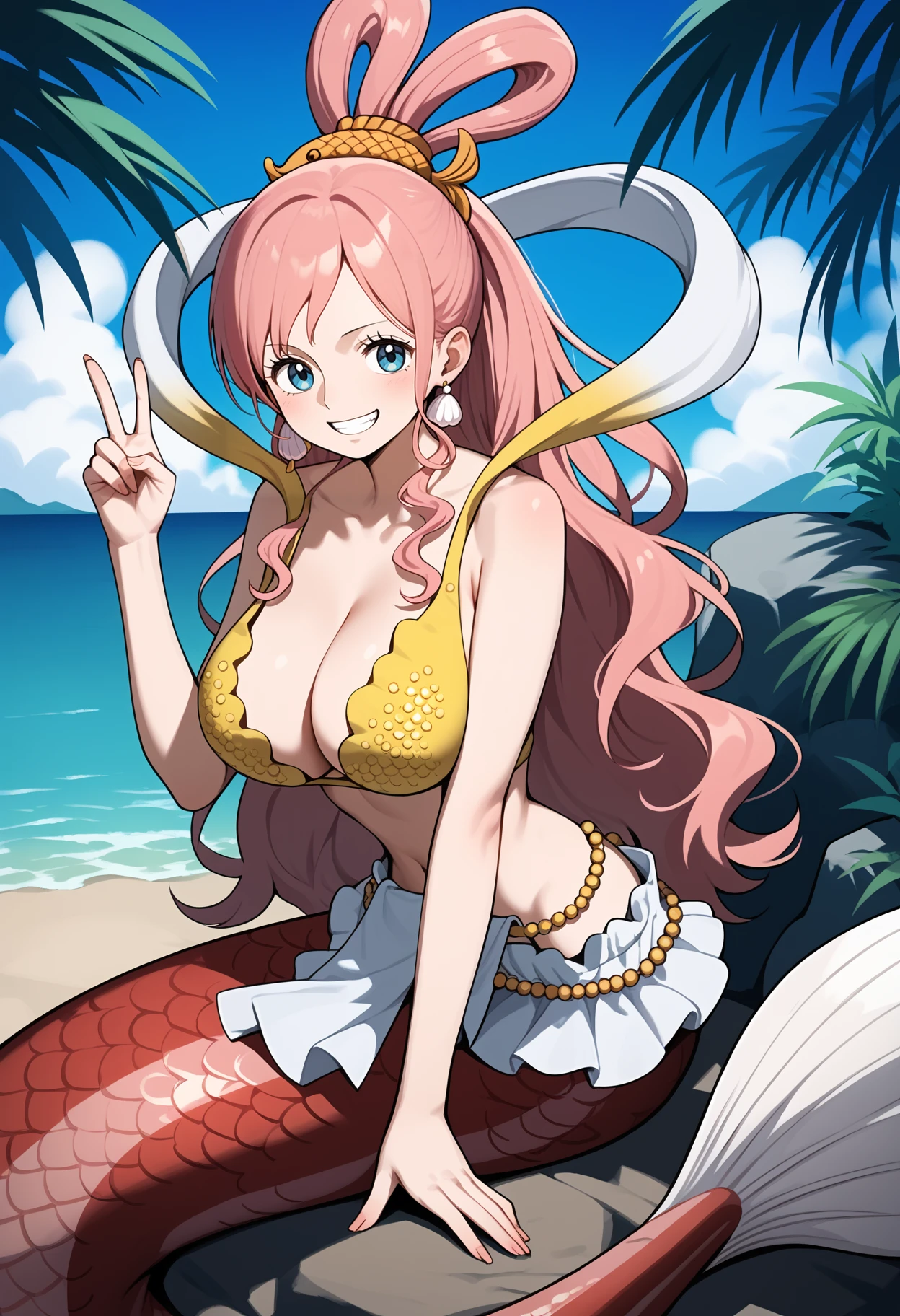 A closeup of a woman in a bikini, us one piece, in a piece, Erza Scarlet como uma pessoa real, escamas cobrindo seu peito,menina anime sedutora, ((ruiva)), olhos verdes, obra prima, qualidade boa, excelente qualidade, 4k, sem defeitos, sharp image, One Piece