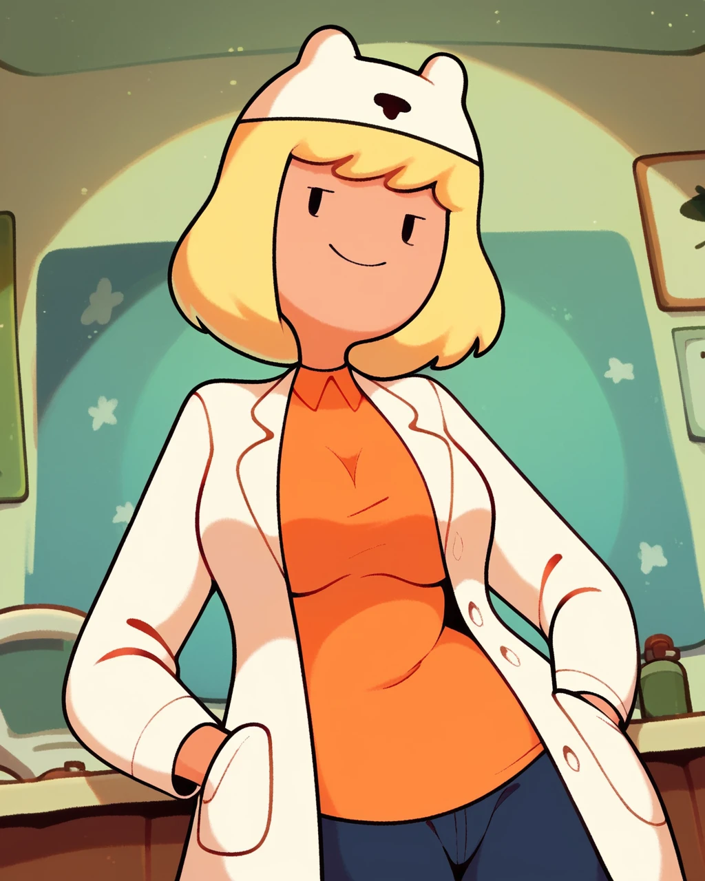 score_9, score_8_up, score_7_up, 1girl, solo, Minerva, blonde hair, white hat, dot eyes, labcoat, orange shirt, looking at viewer, smile, medium breasts, dutch angle, seductive pose, detailed background, indoors, lab, <lora:Minerva_PDXL:1>