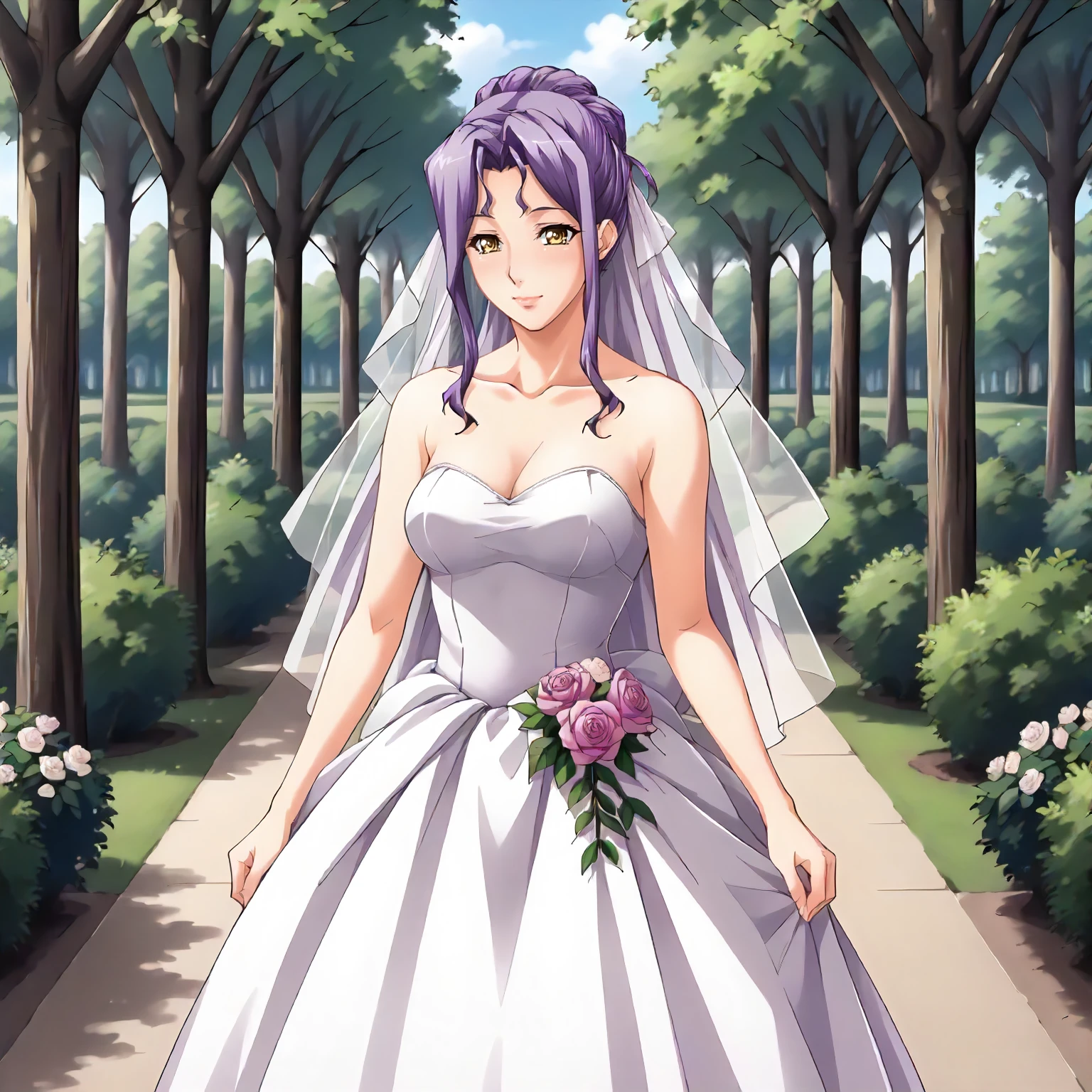 <lora:SDG_KaoruShiozakiXLpony001>,
looking at viewer,smile,
outdoors,nature,
solo,
KaoruShiozaki,1girl,purple hair,hair bun,yellow eyes,mole under mouth,
standing,
wedding_dress,