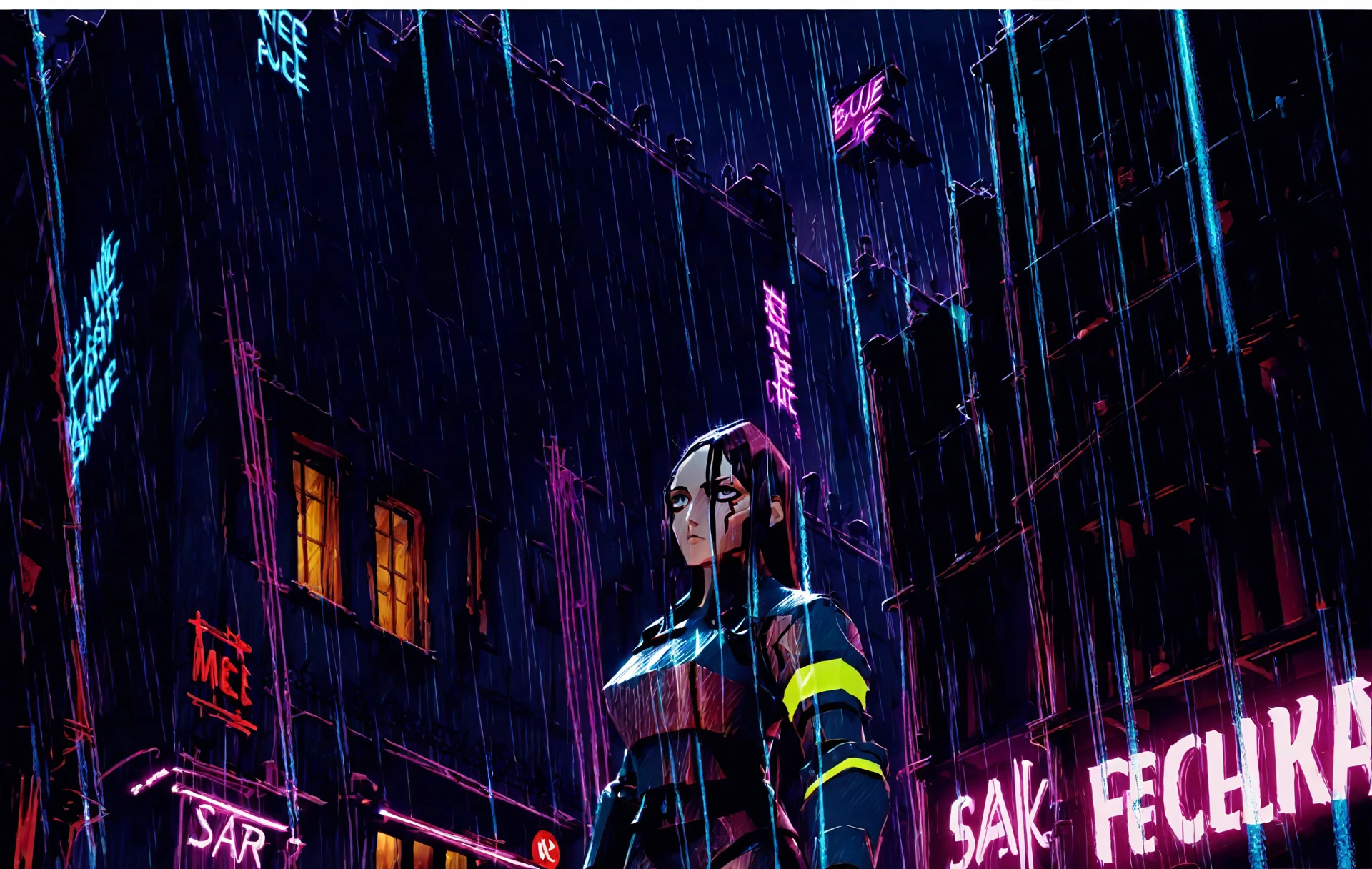 <lora:usher_pony_v1:1>from "the fall of the house of usher",  art deco \(style\), illustration \(genre\),   a cyberpunk city,rain,night,neon lights, a armored police woman, score_9, score_6_up, score_7_up