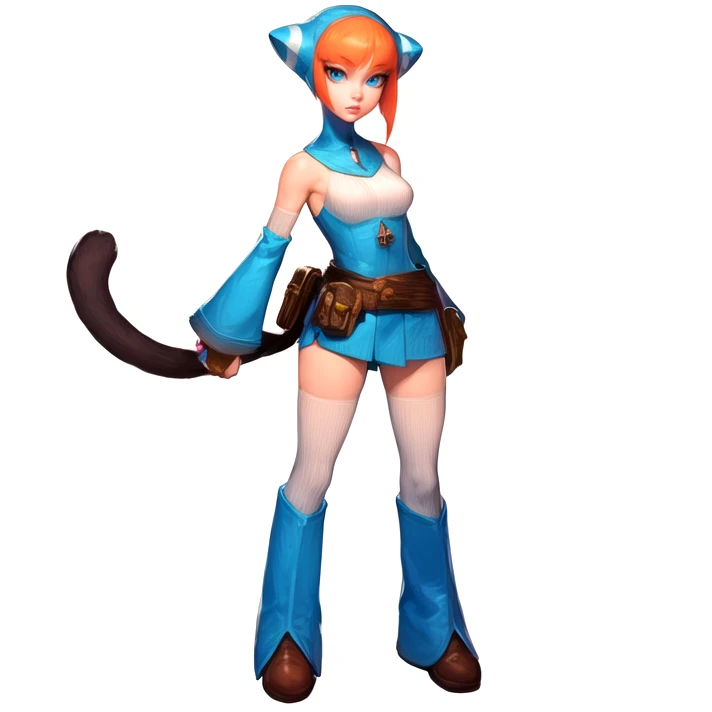 full body shot, solo,  <lora:linBreathOfFire:1> lin_bof, medium bust, adult female, hood, cat hood, cat ears, short hair, orange hair, bangs, sidelocks, blue eyes, bare shoulders, detached sleeves, elbow gloves, short dress, leotard, belt, belt pouch, thighhighs, fingerless gloves, gloves, brown shoes, best quality, ultra high res