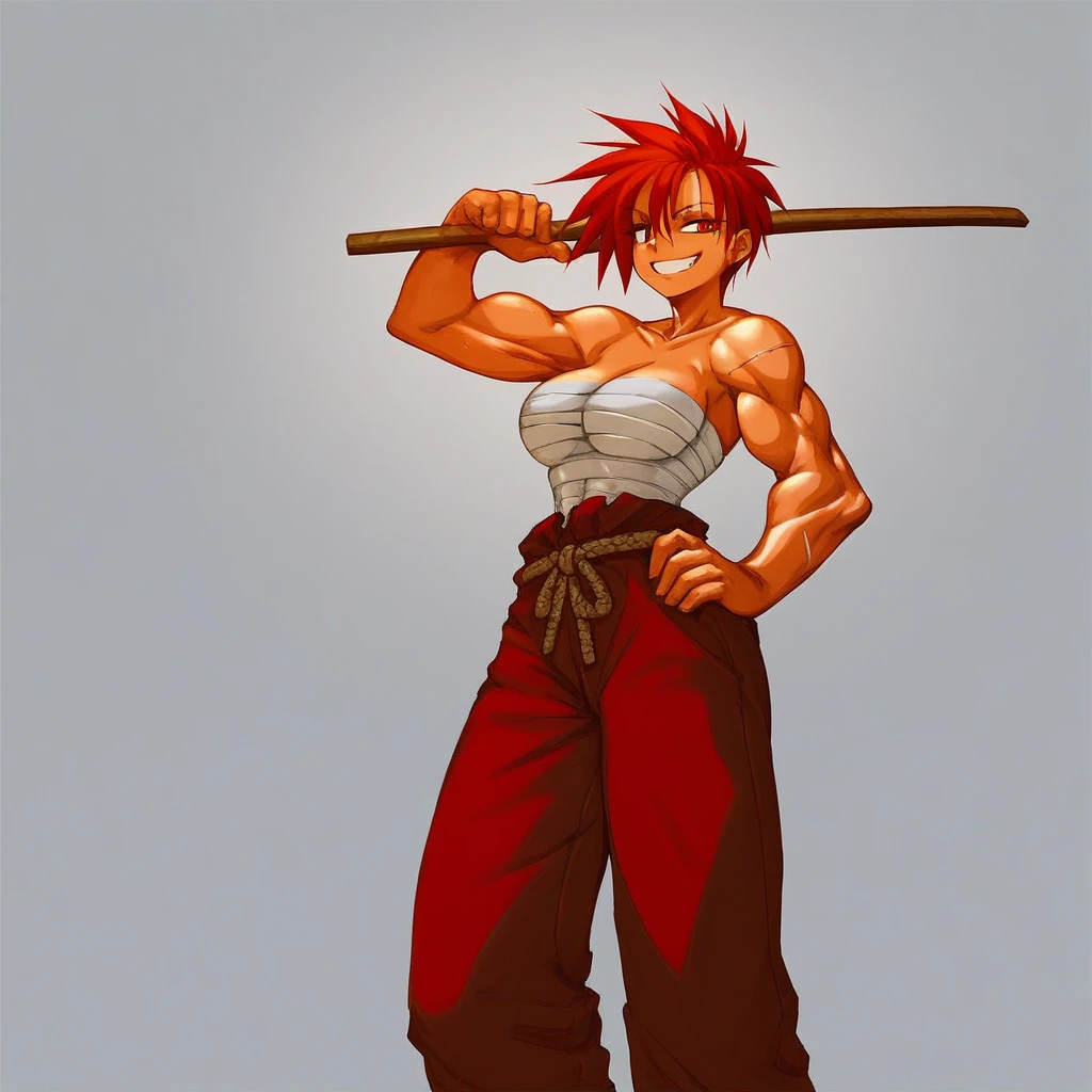 Score_9, score_8_up, score_7_up, score_6_up, score_5_up, score_4_up, AzumiHojo, Red hair, red eyes, scars on face, bandages around breasts, bandages around waist, red baggy pants, belt rope, barefoot, wooden sword, Muscular female, large breasts, dark skinned, lidded eyes, grin, bokko, standing, on shoulder, weapon on shoulder, hand on hip