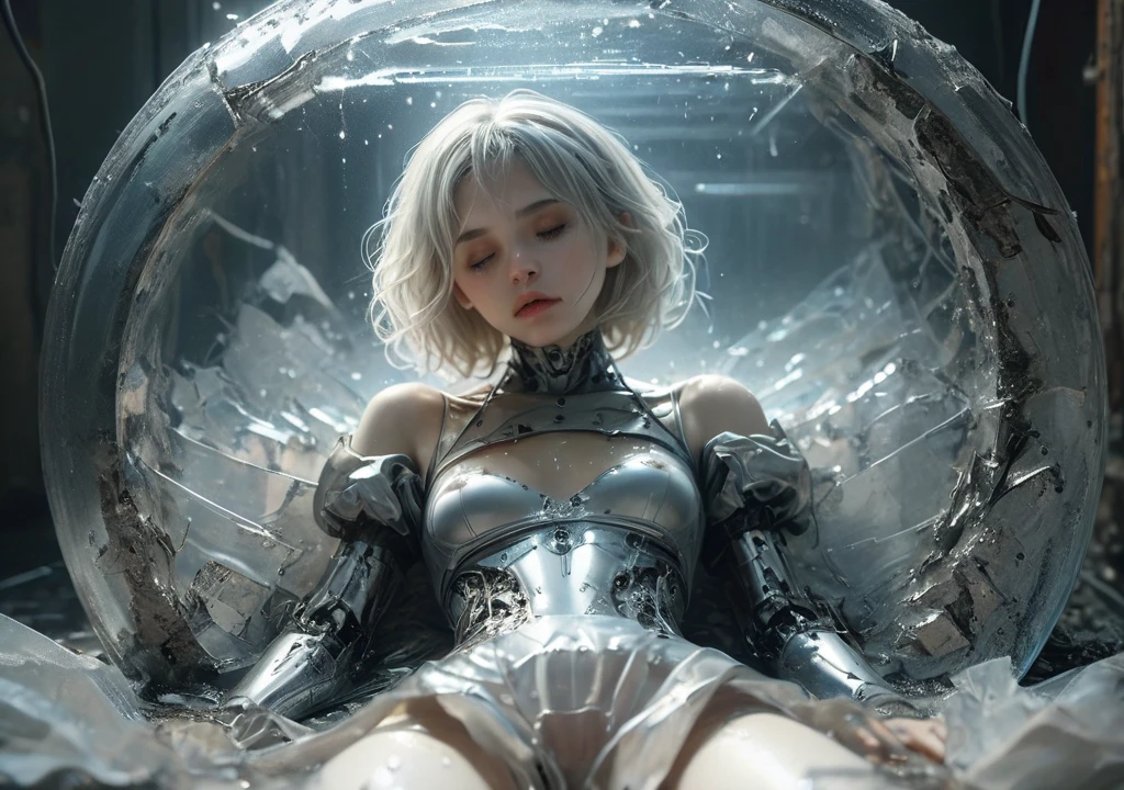 <lora:Stairway_to_liberation_ver1.4:1>,2b nier,silver hair,torn skirt,Lying down ,inside glass tank,mecha girl,tube,wire, torn cloth,<lora:2b_nier_automata:0.8>,crack glass,side view,photorealistic, detailed face, detailed eyes, detailed lips, beautiful woman, hourglass figure, natural lighting, high quality, hyperrealistic, 8k, cinematic, dramatic lighting, chiaroscuro, neoclassical, oil painting,