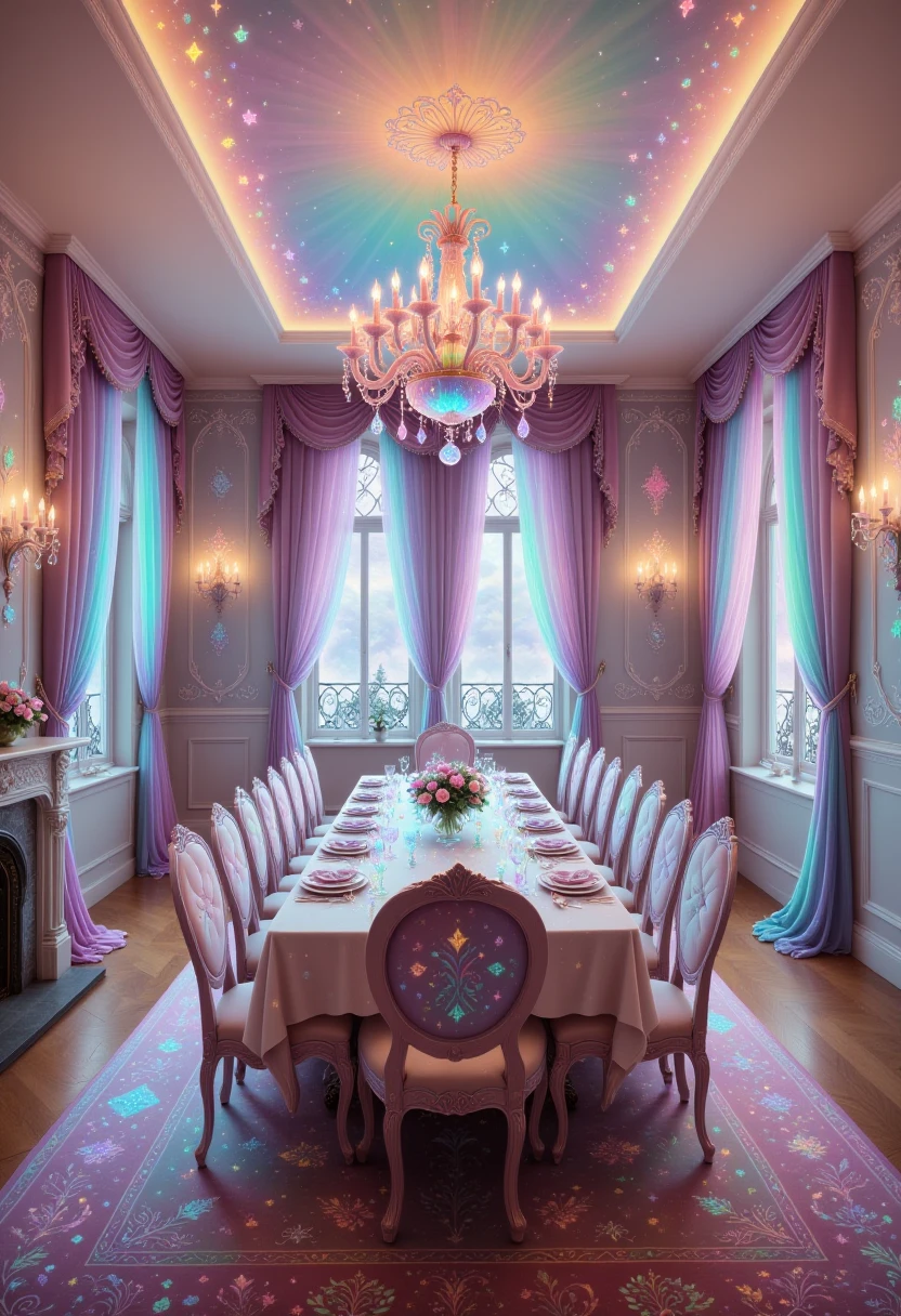 pastel iridescent colors, glowing,a highly decorated dining room with a long dining tables and cushions dining chairs. The room is adorned with a luxury chandelier and a big carpet.