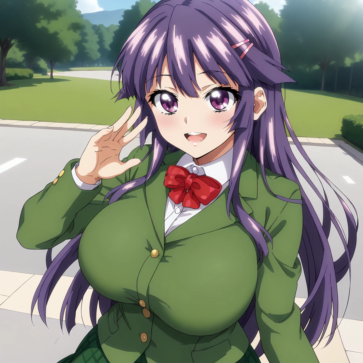 <lora:CcKN_ChizuruShiinaXLpony001>,
looking at viewer,smile,open mouth,
solo,
ChizuruShiina,1girl,purple hair,long hair,hairclip,purple eyes,
large breasts,
green jacket,red bowtie,
green skirt,plaid skirt,
outdoors,