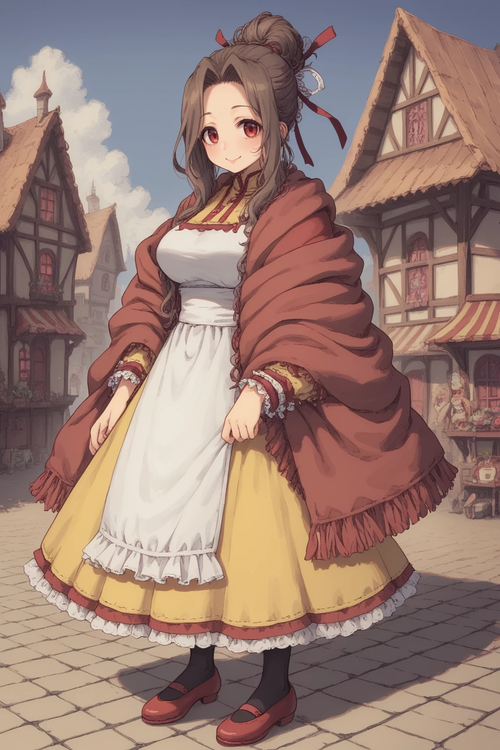 score_9, score_8_up, score_7_up, score_6_up, source anime, BREAK, <lora:Mistel:0.7> , misdef, 1girl, long hair, brown hair, red eyes, hair bun, hair ribbon, ribbon, dress, yellow skirt, frilled cuffs, red shawl, white apron, apron, black pantyhose, red shoes, full body, looking at viewer, smile, happy, mommy, motherly, closed mouth, serene, large breasts, (mature woman), <lora:zy_Detailed_Backgrounds_v1:0.3> , detailed background, highly detailed,  exterior, town, village,  <lora:d4rkpurpXLP:0.6> , d4rkpurp, (solo),