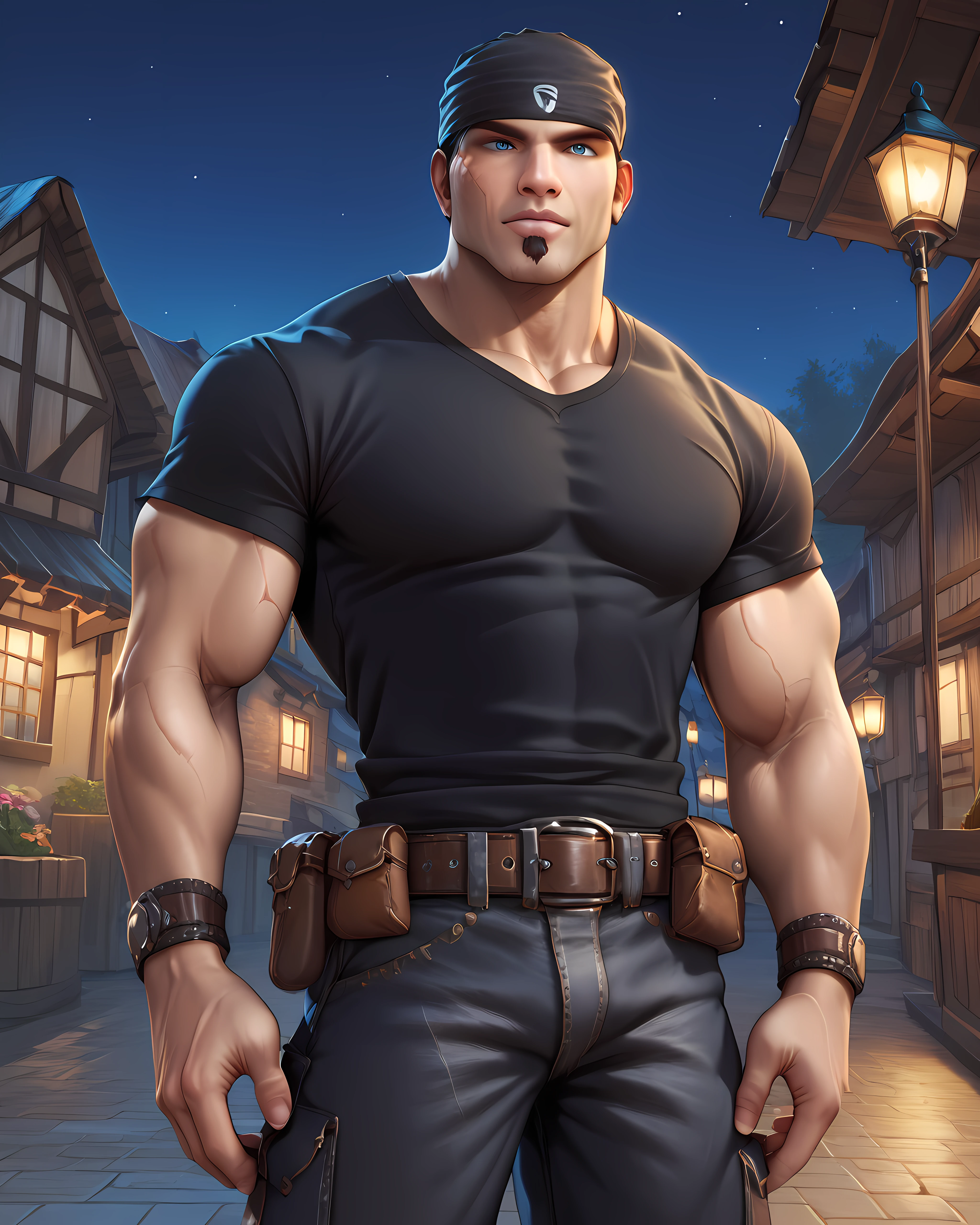 <lora:Marcus_Fenix_PonyXL-10(2):0.95> og_marcus_fenix, bandana, t-shirt, long pants, town, night, outdoor, (muscular), scar, cowboy shot, goatee, looking at viewer, blue eyes, black short hair, belt, score_9, score_8_up, score_7_up,