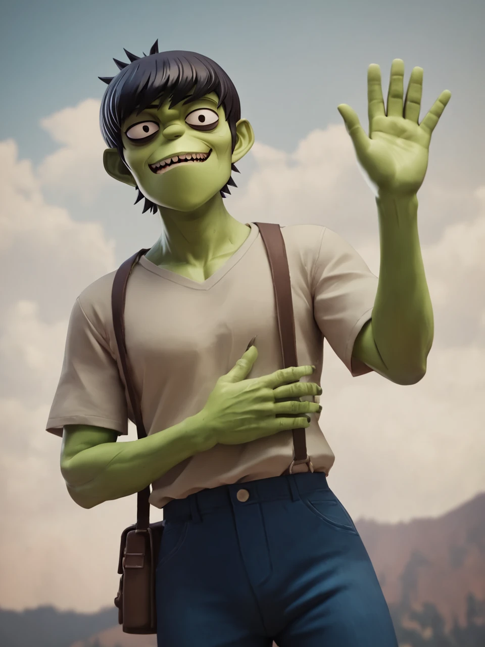 score_9, score_8_up, score_7_up,  score_6_up, BREAK, GorillazMurdoc, solo, black hair, short hair, green skin, raise right hand, waving, looking at viewer <lora:Gorillaz_Murdoc:1>