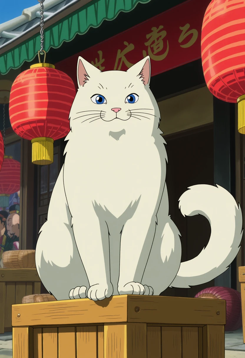 A scene from the animated Studio Ghibli movie Spirited Away: A fluffy white cat with piercing blue eyes sits regally atop a wooden crate in a bustling marketplace. Surrounding it are vibrant lanterns and colorful fabrics fluttering in the breeze. The catâs tail curls gracefully around its paws as it observes the lively scene with a calm, almost knowing expression.