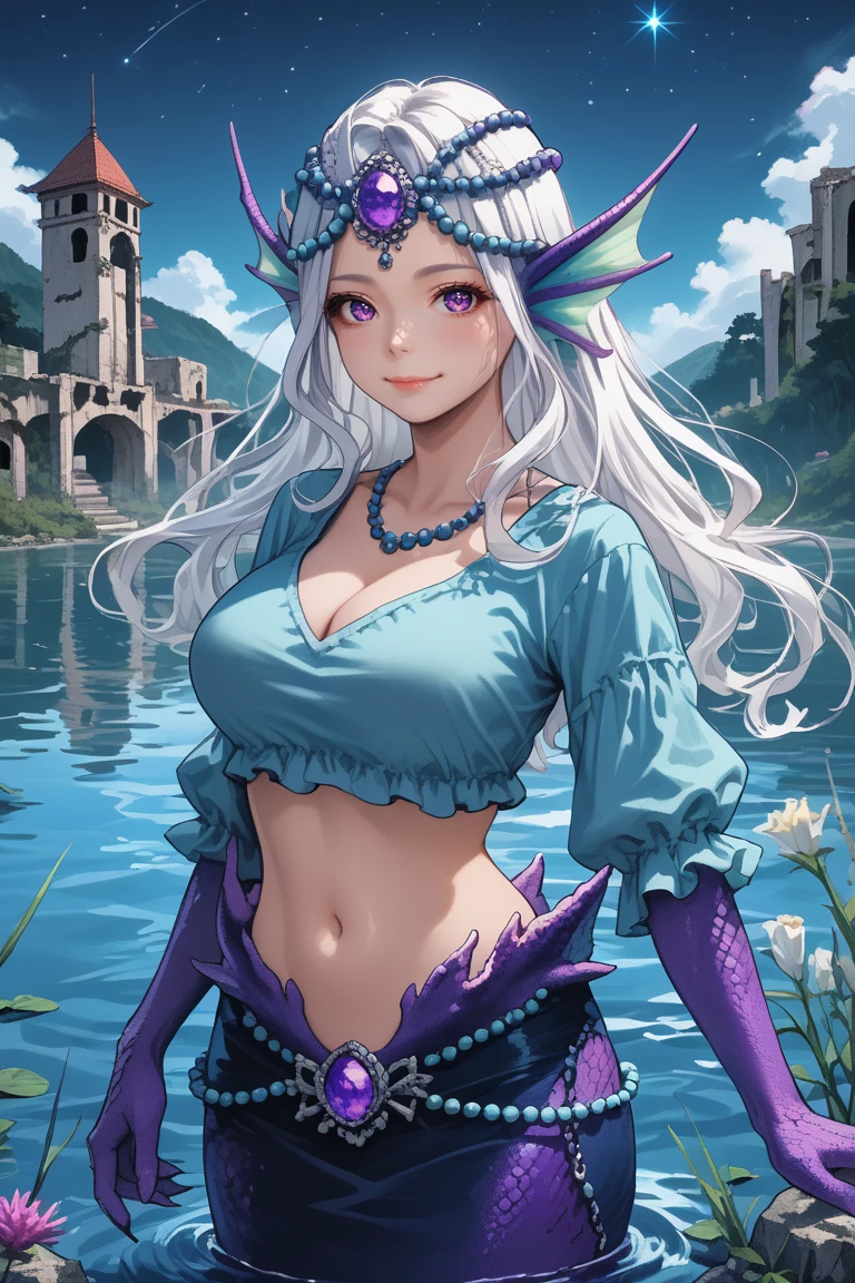 score_9, score_8_up, score_7_up, score_6_up, source anime, BREAK,<lora:Emelone:0.7> , emdef, 1girl, mermaid, monster girl, purple eyes, long hair, white hair, head fins, fins, cleavage, navel, midriff, blue crop top, yellow undershirt, purple scales, jewelry, beads, pearl (gemstone), full body, exterior, lake, looking at viewer, smile, serene, large breasts, <lora:zy_Detailed_Backgrounds_v1:0.4> , detailed background, highly detailed, exterior, lake, paradise, water city, night, night sky, stars, ruins,   <lora:m4gXLP:0.6> , m4g,