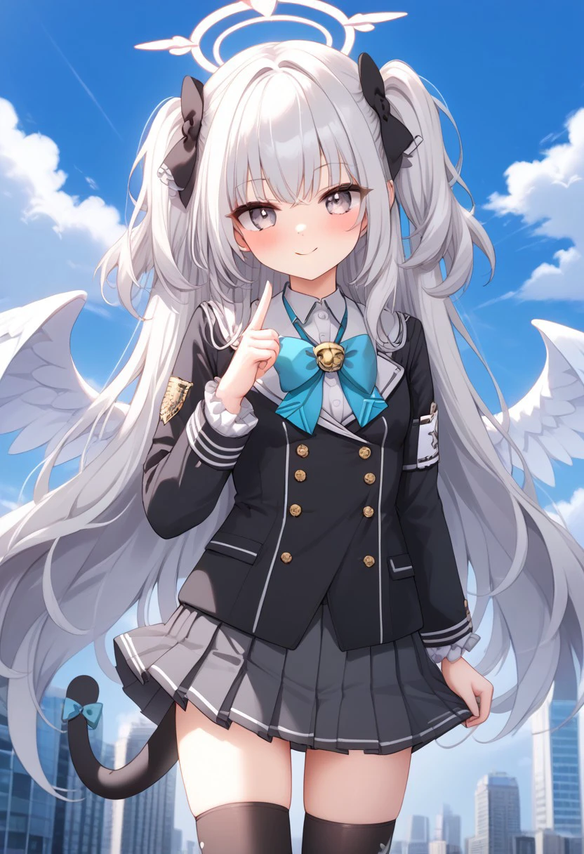 Best quality, ultra HD,source_anime, morizuki suzumi (from blue archive),1 girl,long white hair,side tail hair,hair white wings,bow tie,gray school trinity vigilente uniform,pleated short skirt,black Thigh high sock, relaxed face,flat expresion , holding white riffle,:o,city distric background