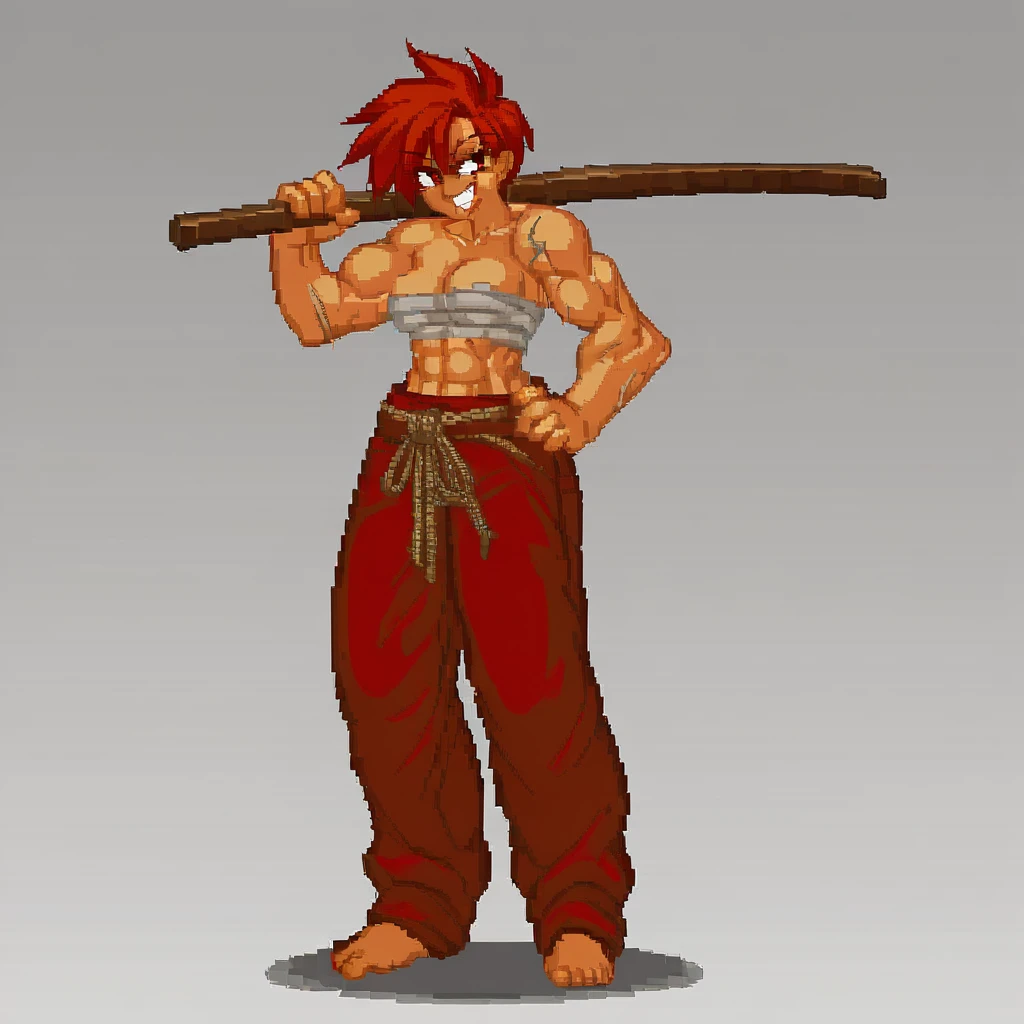 Score_9, score_8_up, score_7_up, score_6_up, score_5_up, score_4_up, AzumiHojo, Red hair, red eyes, scars on face, bandages around breasts, bandages around waist, red baggy pants, belt rope, barefoot, wooden sword, Muscular female, dark skinned, breasts, pixelart, simple background, standing, lidded eyes, grin, full body, hand on hip, weapon on shoulder