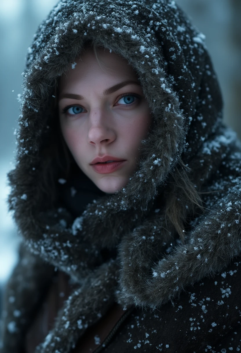 Photorealistic close-up of a katheryn winnick in a dark, snow-dusted cloak, wintry background, with her eyes reflecting the soft light of the snow-covered landscape cinematic lighting, extremely intricate detail character, extremely intricate skin and facial skin texture detail, lifelike potrayal, extremely realistic lighting, extreme dynamic pose. Extremely sharp detail 