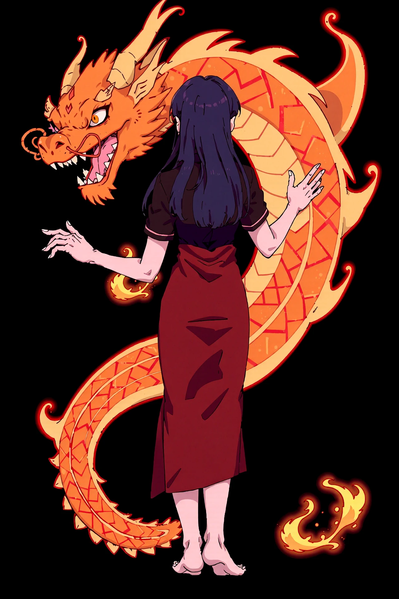 <lora:mistoonanime_flux:0.8>
inzaniak,1girl,solo,highres,absurdres,black hair,thick eyebrows,black background,dress,fingernails,short sleeves,sleeveless dress,dragon,white skin,barefoot,sidelocks,pointy ears,full body,long hair,komainu,brown dress,shirt,from behind,xiangyun,mirror,closed mouth,looking back,sleeveless,very long hair,solo,black shirt,light smile,colored skin,1girl,traditional youkai,bare arms,looking at viewer,grey eyes,fire,long dress,eastern dragon,baozi laoxiu