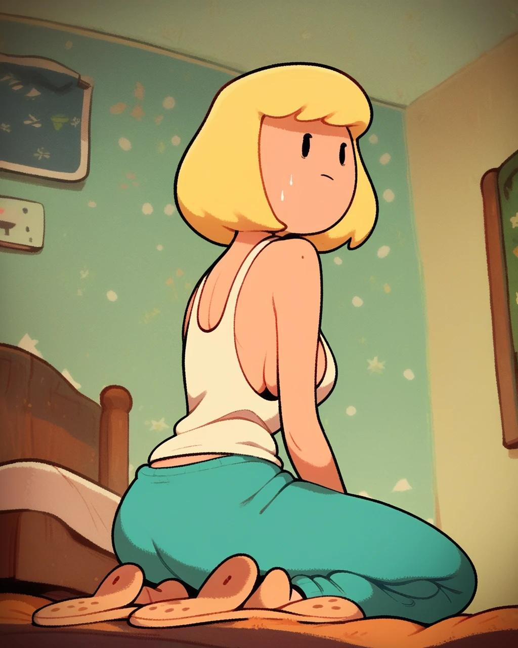 score_9, score_8_up, score_7_up, score_6_up, 1girl, solo, Minerva, blonde hair, medium hair, dot eyes, tank top, sweatpants, sideboob, slippers, on knees, dynamic angle, detailed background, indoors, bed, <lora:Minerva_PDXL:0.9>