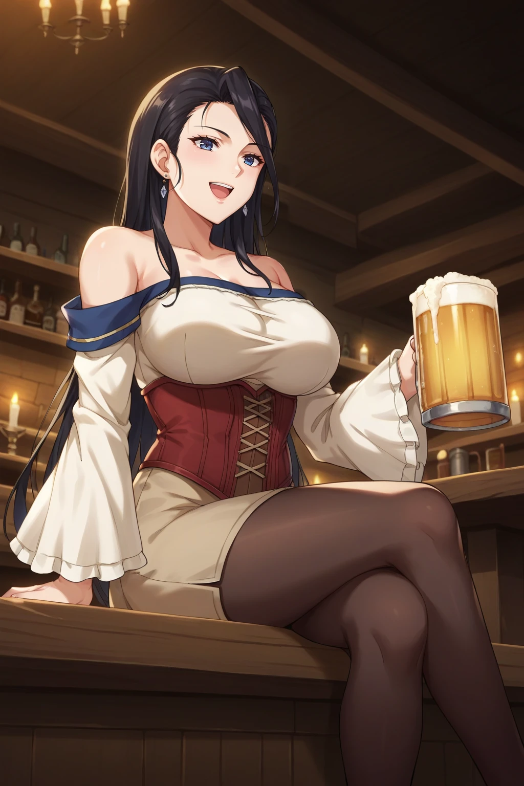 ((topless)), flat chest, mona_genshin, nsfw, pantyhose, masterpiece, 1 girl, erect nipples, intricately detailed, pubs, table, crowd, navel, bare shoulders, necklace, beer, tavern, inn, pub, crowd, black hair, twintails, embarrassed, smiling, extremely detailed, photorealistic, octane render, 8 k, unreal engine, bare breasts, nipples, green eyes, carrying beer tray, bare stomach, sweaty, people on background, oktoberfest, smiling, moist breath, child, arm strap, small breasts, long hair, bangs, blush, bare shoulders, headwear, open mouth, bare arms, bare elbows, sleeveless, witch_hat, earrings, bangs