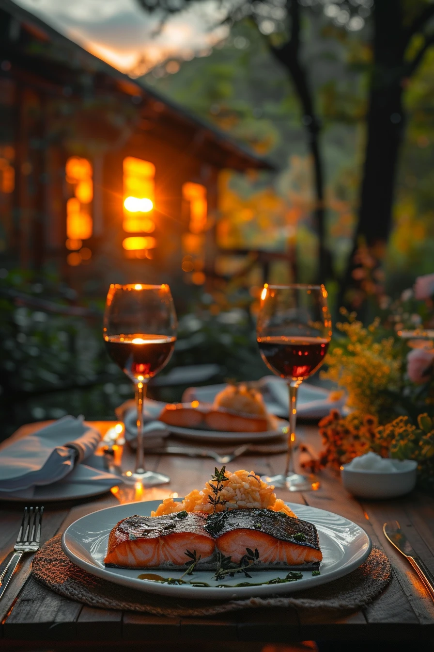 food photography, wide angle shot of a table in a luxury restaurant, gastronomic, luxury meal, fine dining, romantic dinner for 2 people, salmon and rice, fork, knife, 2 glasses of wine, evening, diner, lights, candle, sunset, restaurant room in background, garden in background, hyper realistic, cinematic, wide angle shot, photo, food magazine, high quality, sharp focus, cinematic lightning