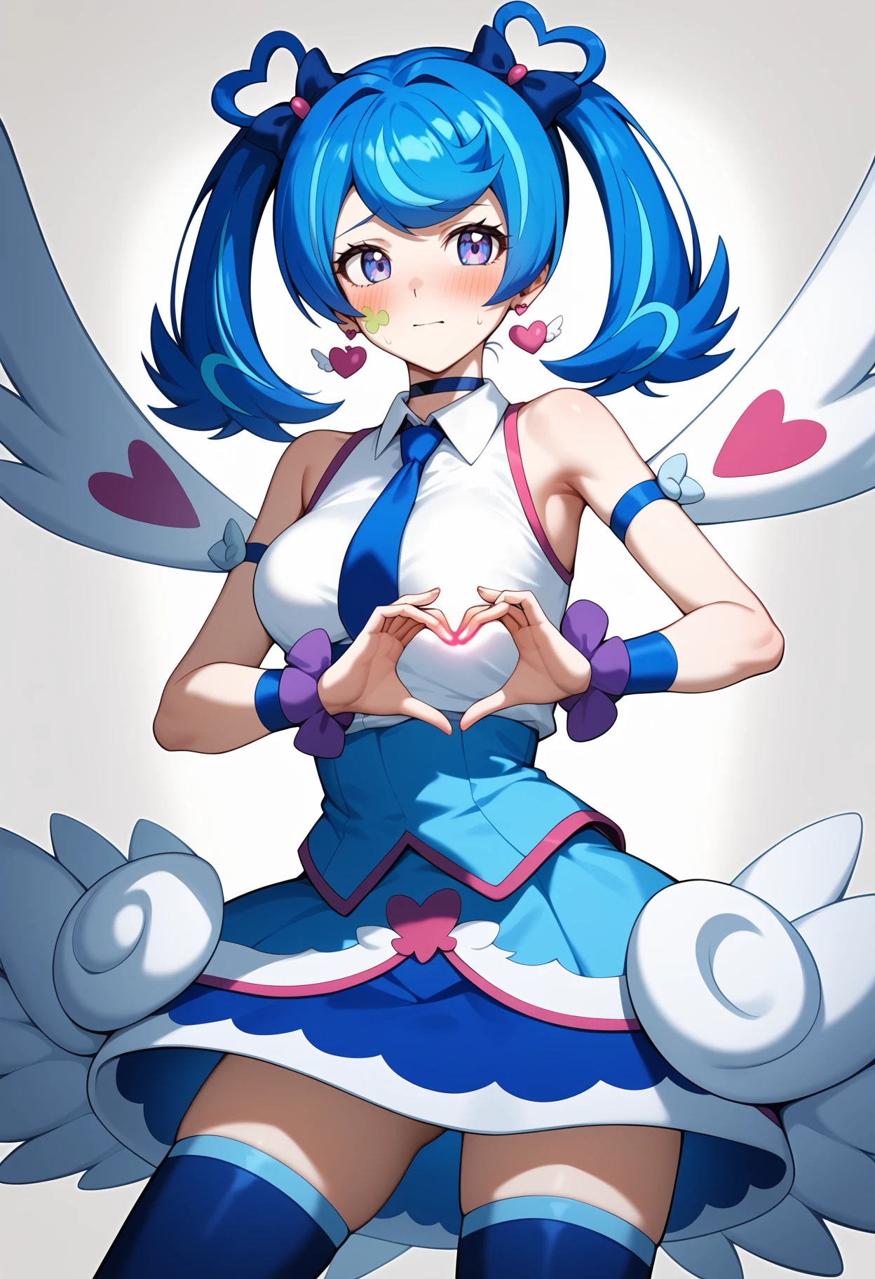 score_9, score_8_up, score_7_up, score_6_up, score_5_up, score_4_up, source_anime, bbangel, blue hair, streaked hair, twintails, hair bow, earrings, facial mark, wings, breasts, choker, bare shoulders, blue necktie, collared shirt, white shirt, dress, sleeveless, arm strap, wrist cuffs, blue skirt, blue thighhighs, <lora:zaizen_aoi_ponyxl_v1:0.9>, embarrassed, blush, heart hands,