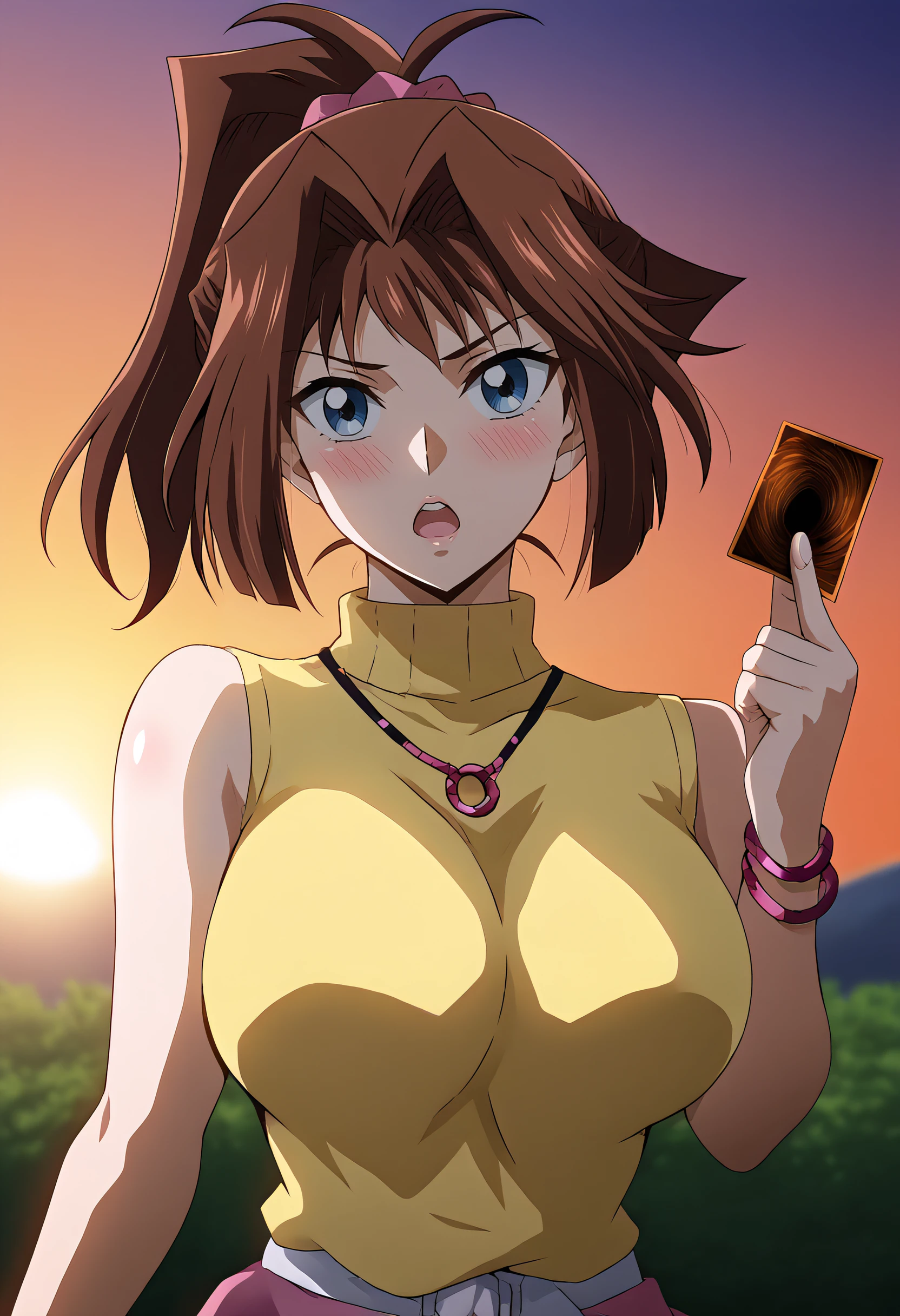 harayu, score_9, score_7_up, source_anime BREAK 1girl, cowboy shot, looking at viewer, uncensored, upper body, full body,
<lora:AnzuMazaki_Dwnsty-000008:0.8>, anzuma_dsod, brown hair, blue eyes, hair intakes, hair scrunchie, ponytail, bracelet, necklace, pink skirt, yellow shirt, black thighhighs, turtleneck, sleeveless shirt, yellow sweater, holding yugioh card, yugioh card, <lora:Holding_Yugioh_Card_Dwnsty-000004:0.8>, hand up,
large breasts, skindentation,lips, blush, open mouth, facepalm, 
tundra, motion blur, sunset sky, __colors__,