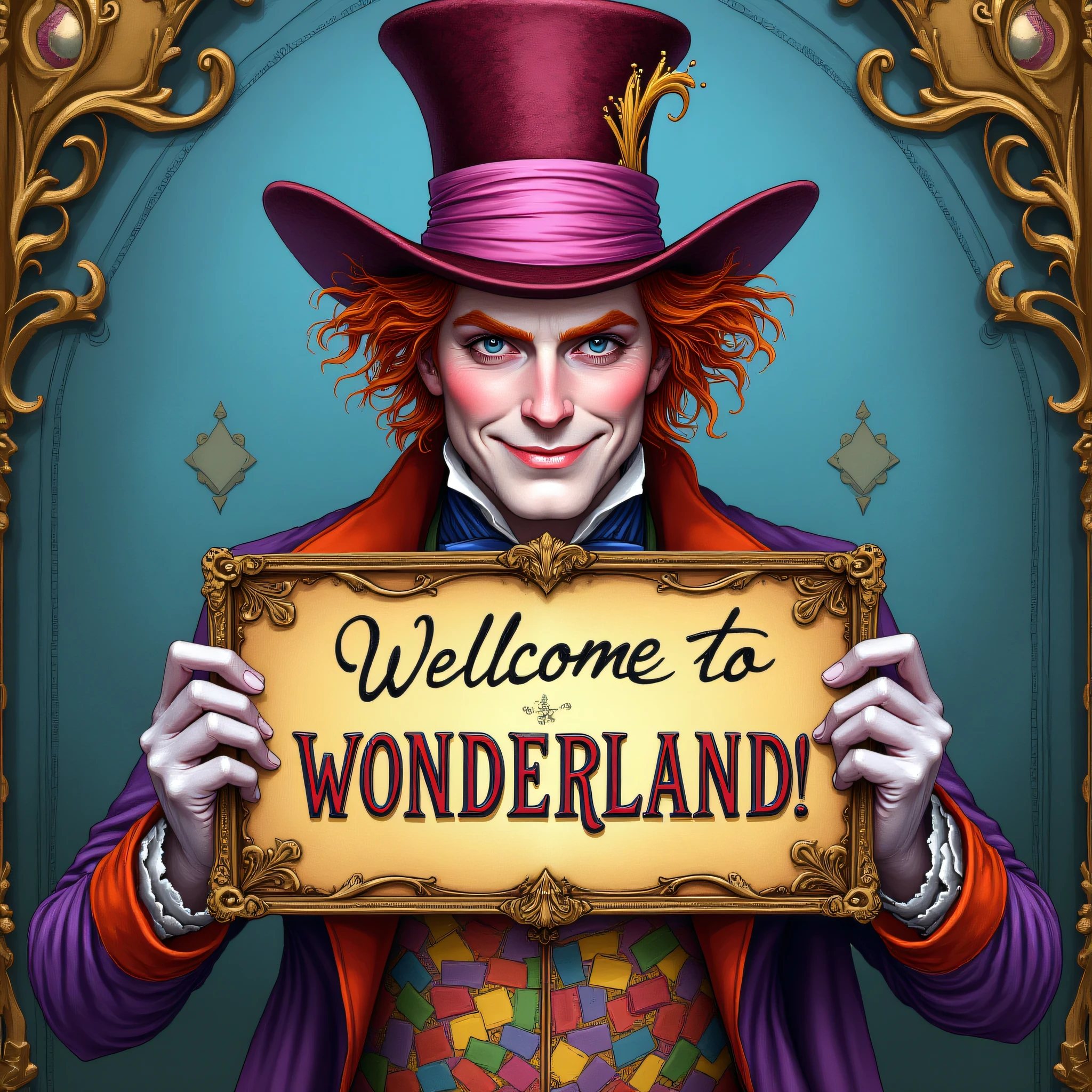 ArsMJStyle, Wonderland, The Mad hatter holding a colorful sign that says "Wellcome to WONDERLAND!"