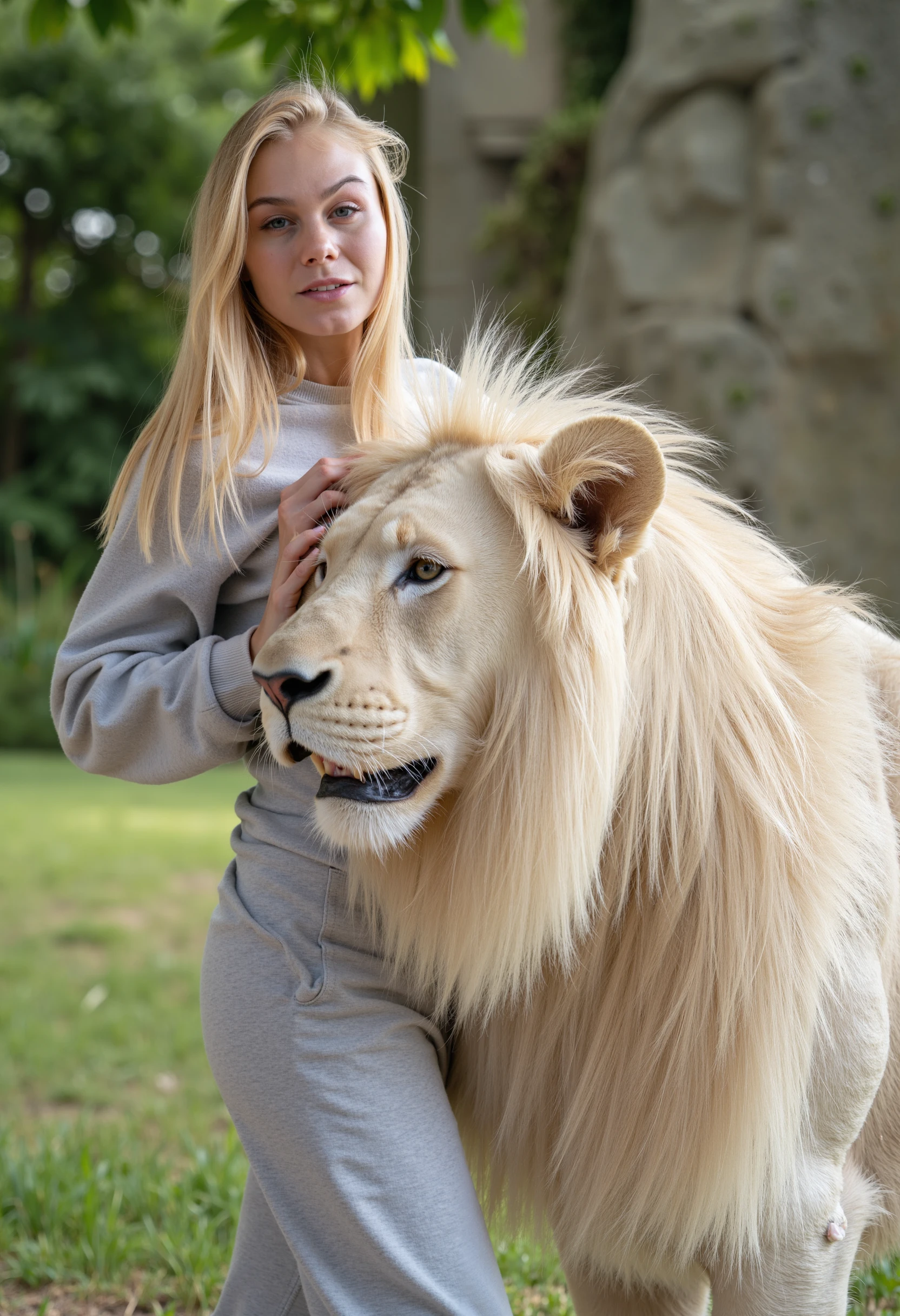 cctv camera footage of a woman p3r5on with blonde hair in casual clothing petting a big white lion     