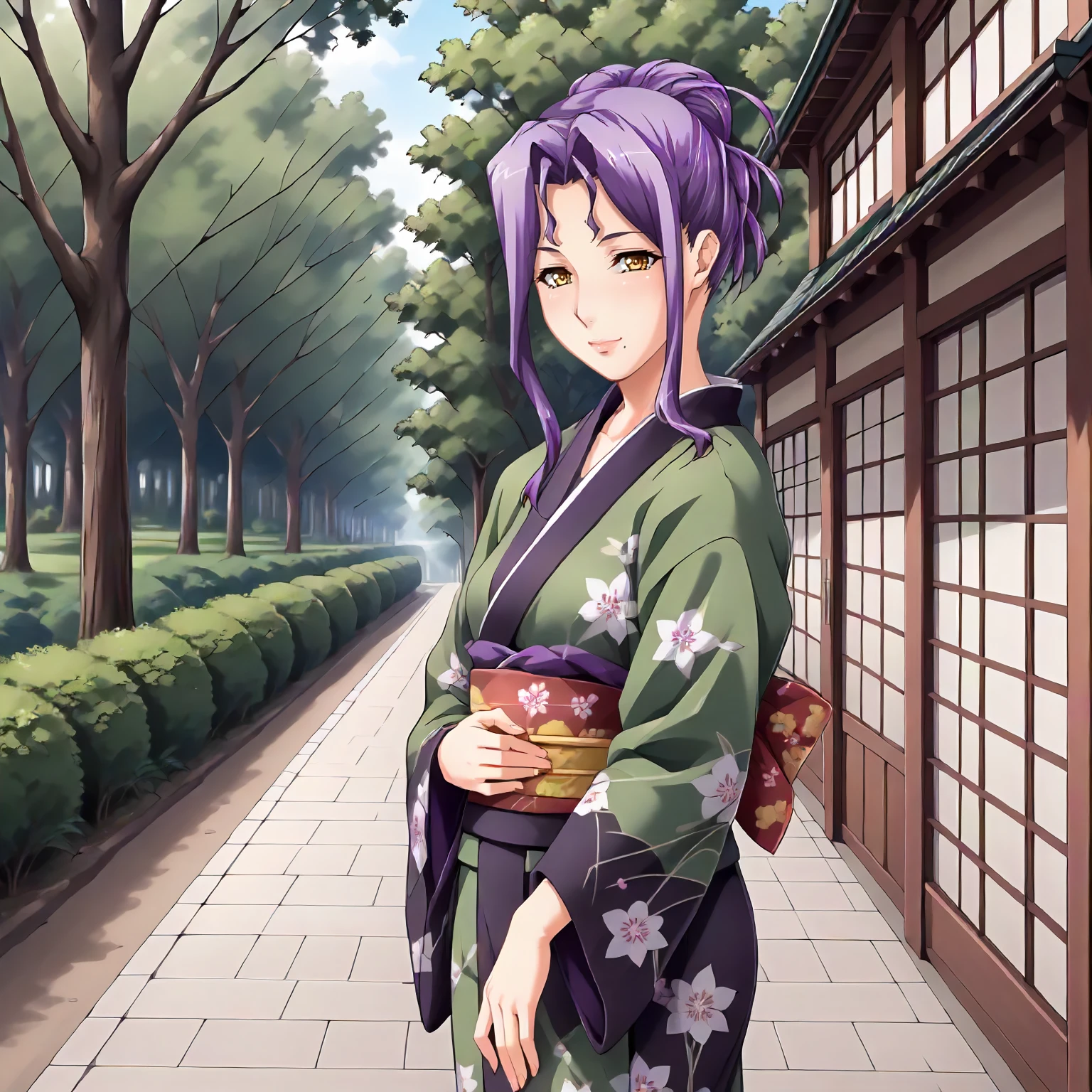 <lora:SDG_KaoruShiozakiXLpony001>,
looking at viewer,smile,
outdoors,nature,
solo,
KaoruShiozaki,1girl,purple hair,hair bun,yellow eyes,mole under mouth,
standing,
print_kimono,