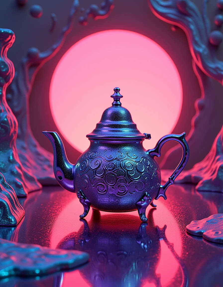 teapot, landscape of a Hideous Basic [Fontaine:Thousand Needles:1] from inside of a Cybernetic utopia, Synthwave Art, Indirect light, glitter texture, <lora:Atai:1> adrr, detailed, pure, shiny, very inspirational, romantic