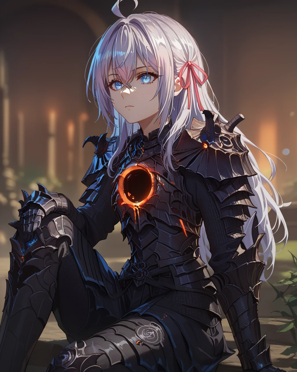 score_9, score_8_up, score_7_up, solo, source_anime, 1girl, sitting, full armor, armor,glowing, blurred background, ringedknight, eye contact, <lora:ringedknight:0.9>, KJOalisa, white hair, light blue eyes, long hair, hair between eyes, ahoge, hair ribbon, <lora:Alisa_Mikhailovna_Kujou_ASHHFIR_V1:1>