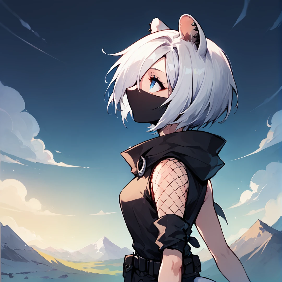 anime artwork Masterpiece, high quality, score_9, score_8_up, score_7_up, 1girl, mountain, from side, looking up, pensive, profile, will-o'-the-wisp \(mythology\), akshirayuki, weasel ears, white tail, blue eyes, white hair, hair over one eye, ear piercing, shirayubase, fishnet shoulders, black mask, no mouth, wide collar, hood down, black shirt, black gloves, fingerless gloves, sleeveless, single arm warmer, black pants, rolled up pants, belt accessory, belt pouch   <lora:Shirayuki v5-000011:0.75> . anime style, key visual, vibrant, studio anime,  highly detailed