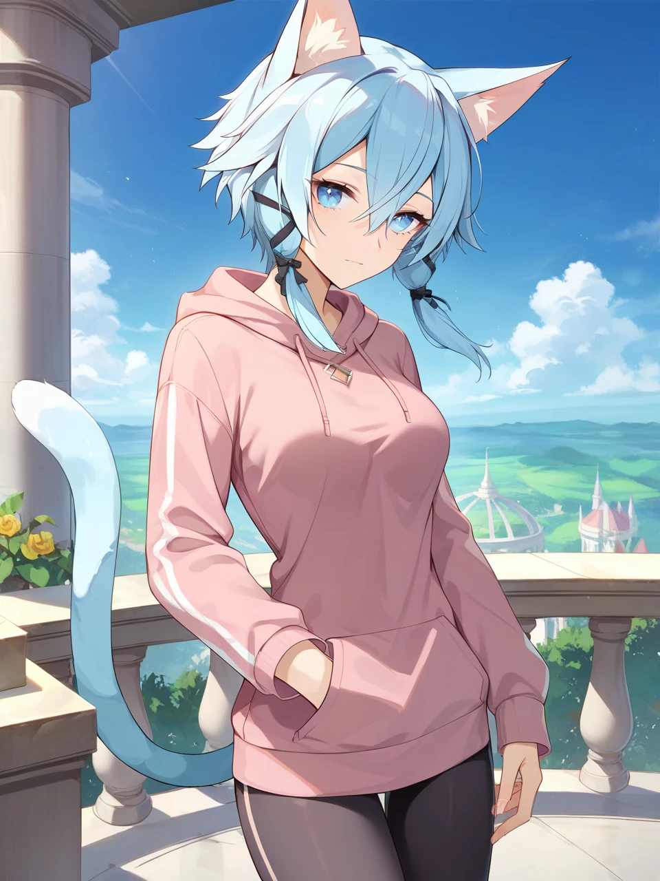 score_9, score_8_up,score_7_up, source_anime, expressiveh
 sinon,  light blue hair, light_blue_eyes, hair between eyes, hair ornament, hair ribbon, short hair, cat ears, animal ear fluff, cat tail
medium breasts, fingernails, 
balcony with a beautiful view, pullover, leggings, 
<lora:Expressive_H:0.3>   <lora:sinon neko:0.8>