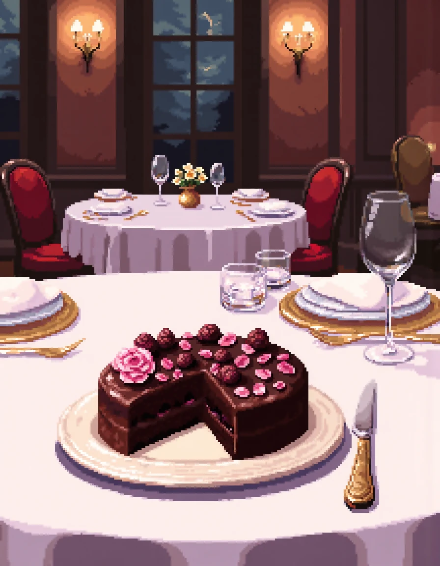 in a decadent dining room, michelin star royal restaurant, the white linens are seamless. there is a chocolate cake on the table, beautifully decorated. on slice has been cut away. it has rose petals, straberries, chocolate ganache. simply tasty. pixel art style