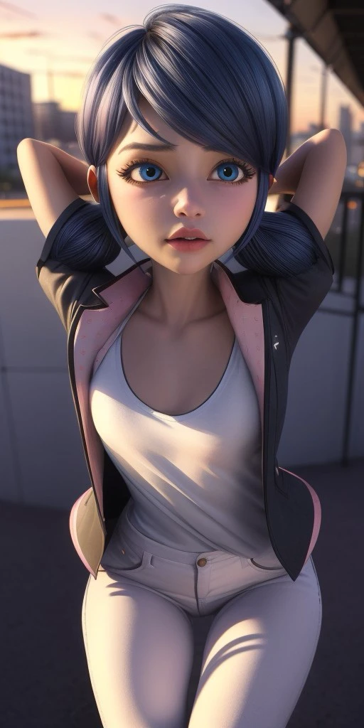 Hyperrealistic, photorealistic, super detailed, ((unbuttoned jacket)), ((white T-shirt)), ((pink jeans)), bright bluebell eyes, shoulder-length black hair with blue reflections tied back in pigtails, light pink lips, body like in real life, large pores, fair skin, slender, beautiful arms, (((very little very flat breasts))), thin legs, unreal engine, octane render, droped shadow, bokeh, cinematic lighting, <lora:add_detail:0.5>, <lora:Volumetric_lighting:0.6>, Marinette Dupen-Cheng, <lora:0ebf8afa-7d09-4dae-bd9d-4a98d209c712:0.7>