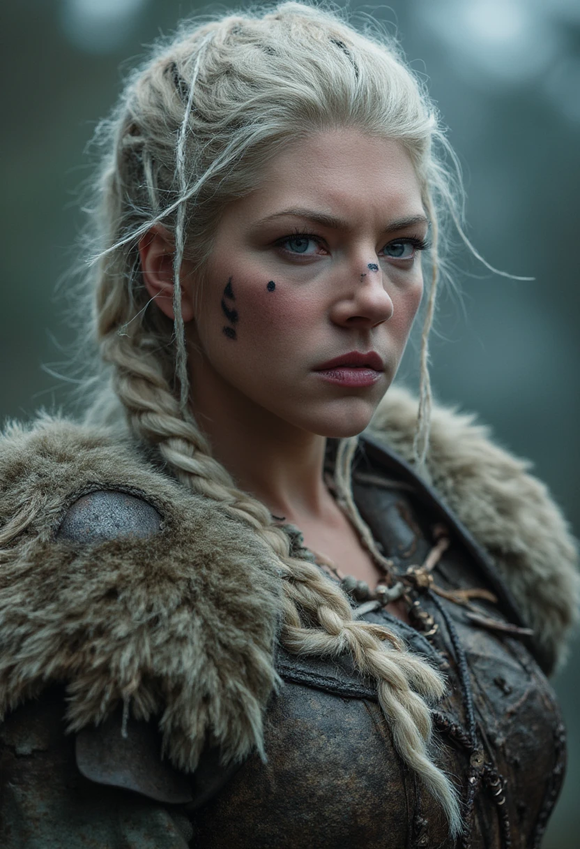 A professional, highly detailed portrait of Katheryn Winnick as a fierce female Viking warrior, captured in stunning resolution. She has white hair, partially braided with intricate patterns, and her expression is intense and determined. Her face is adorned with subtle battle scars and war paint, adding to her warrior look. She wears a traditional yet ornate Viking armor with fur accents, featuring detailed engravings and leather straps. The lighting is dramatic, highlighting the texture of her hair and armor, while the background is a misty Nordic landscape that enhances the e
